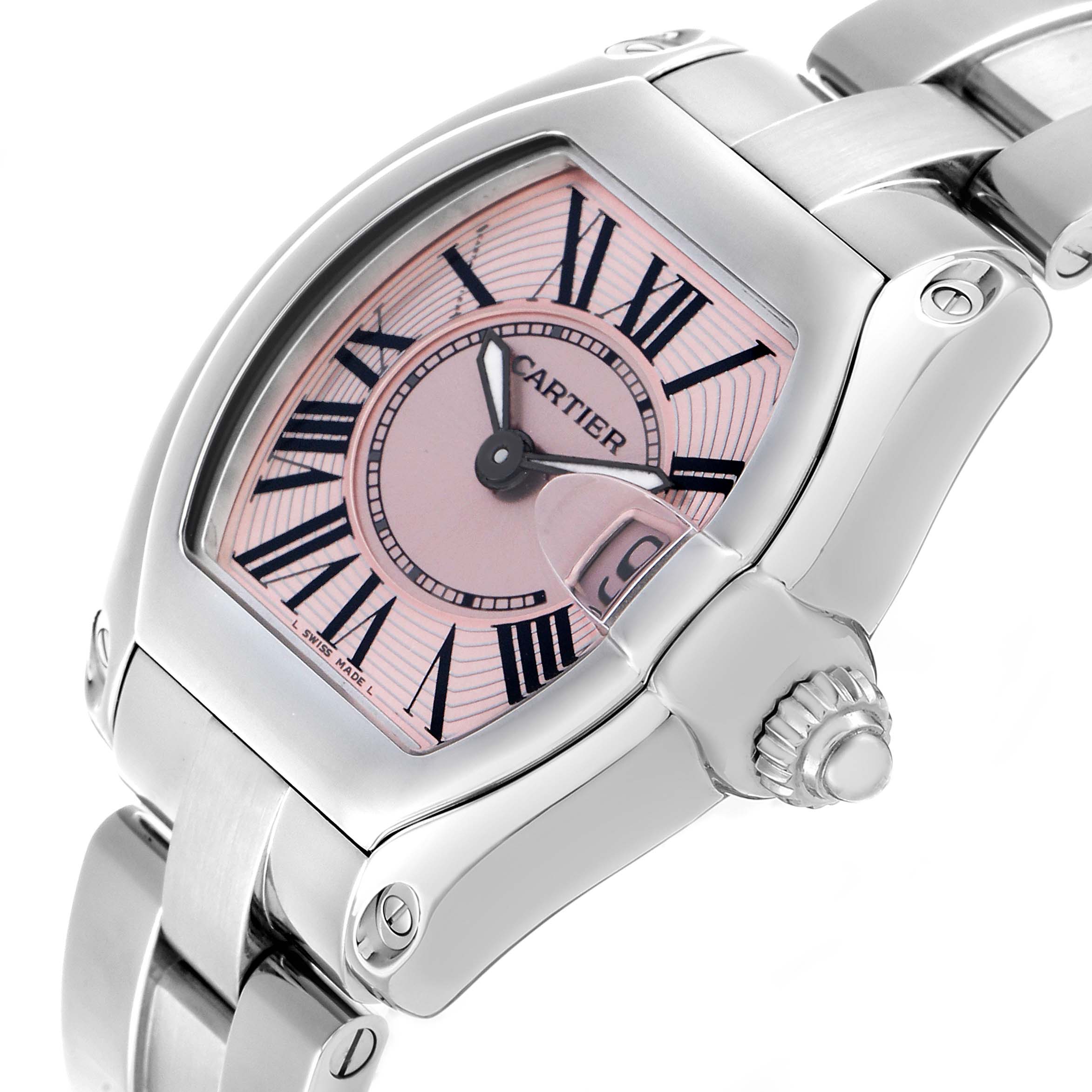 The Cartier Roadster W62017V3 Women's Stainless Steel Pink Dial watch is shown at a three-quarter angle, highlighting the face, crown, and part of the bracelet.