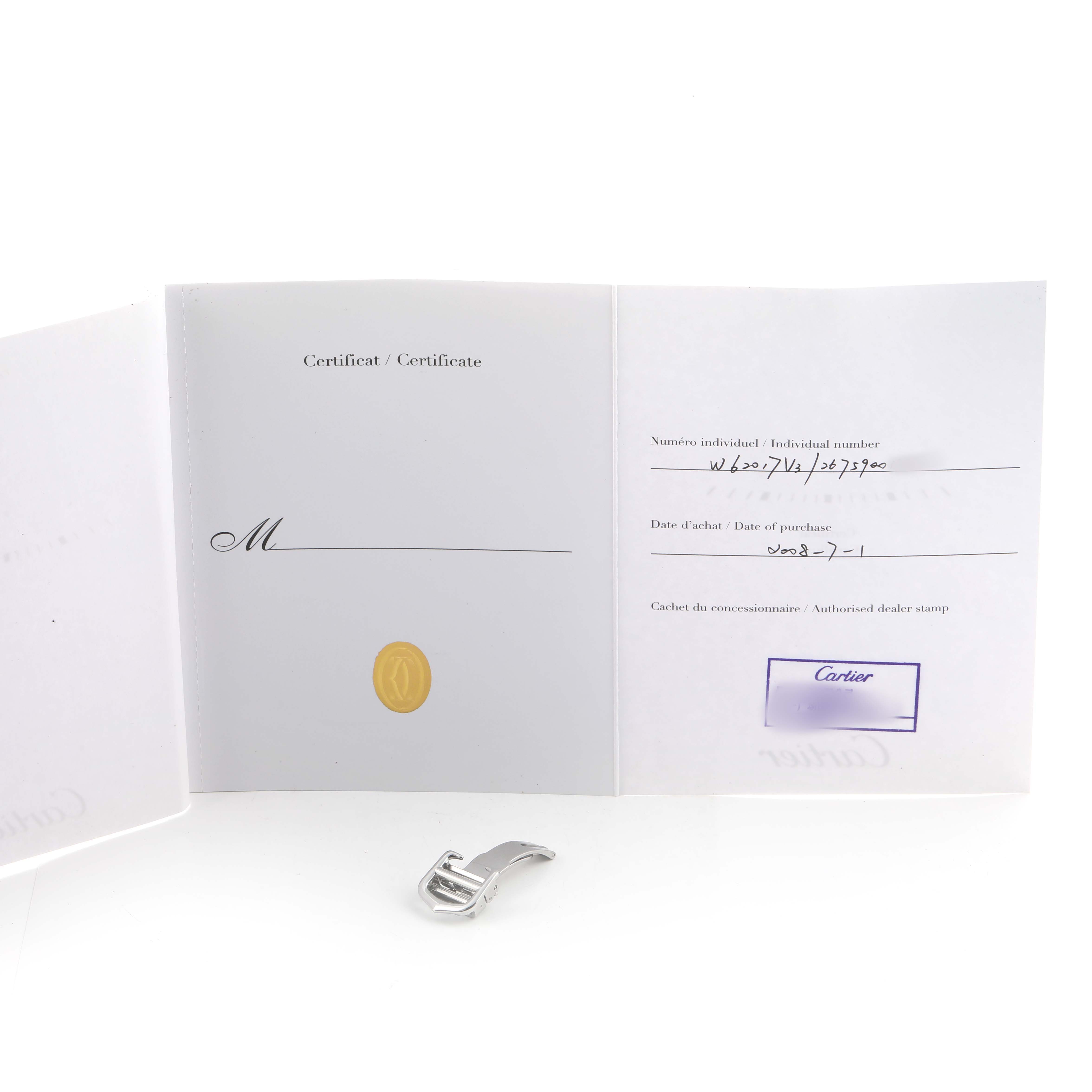 The image shows a Cartier Roadster W62017V3 Women's Stainless Steel Pink Dial certificate open with a clasp component in front.