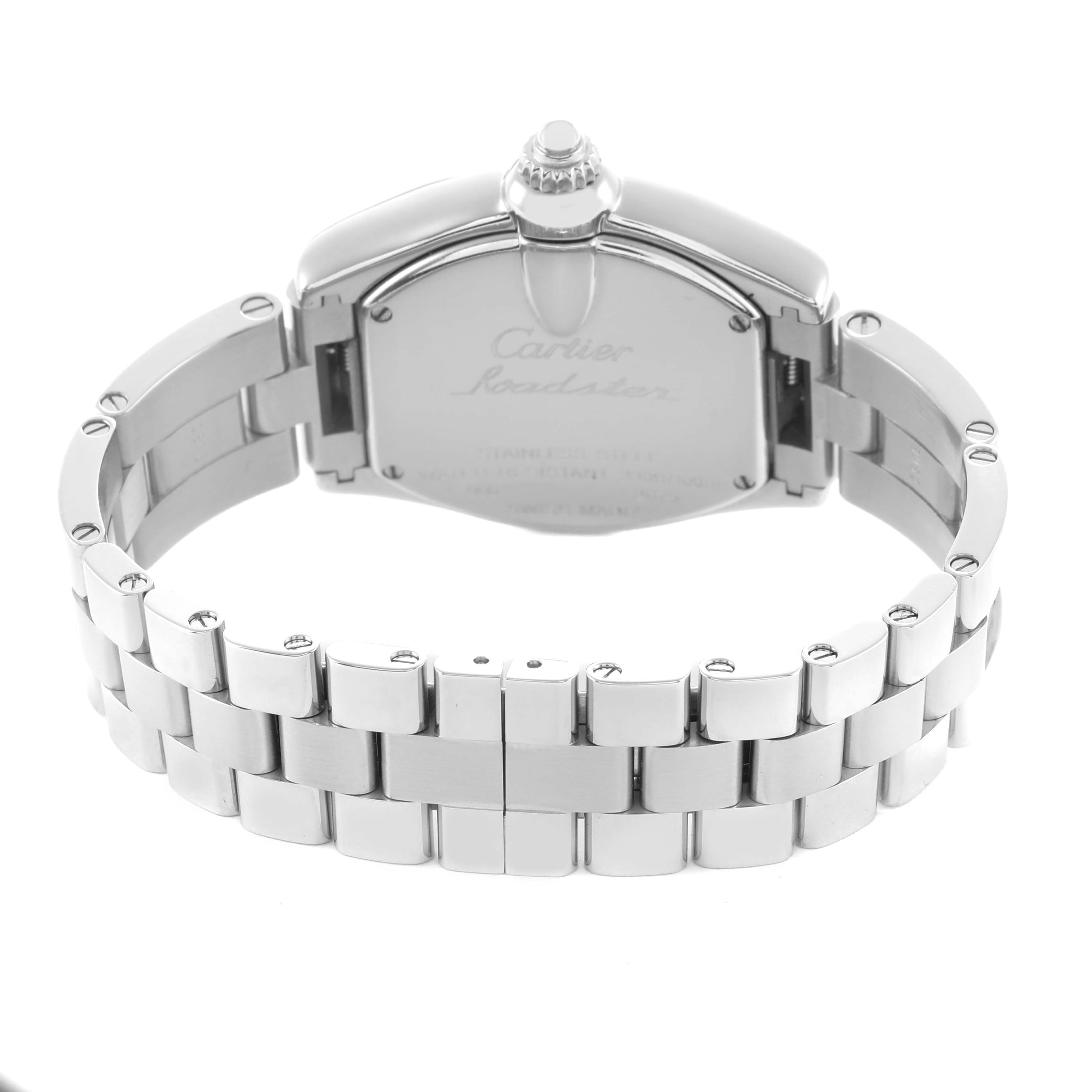 The image shows the back view of a Cartier Roadster W62017V3 Women's Stainless Steel Pink Dial watch, highlighting the case back and bracelet.