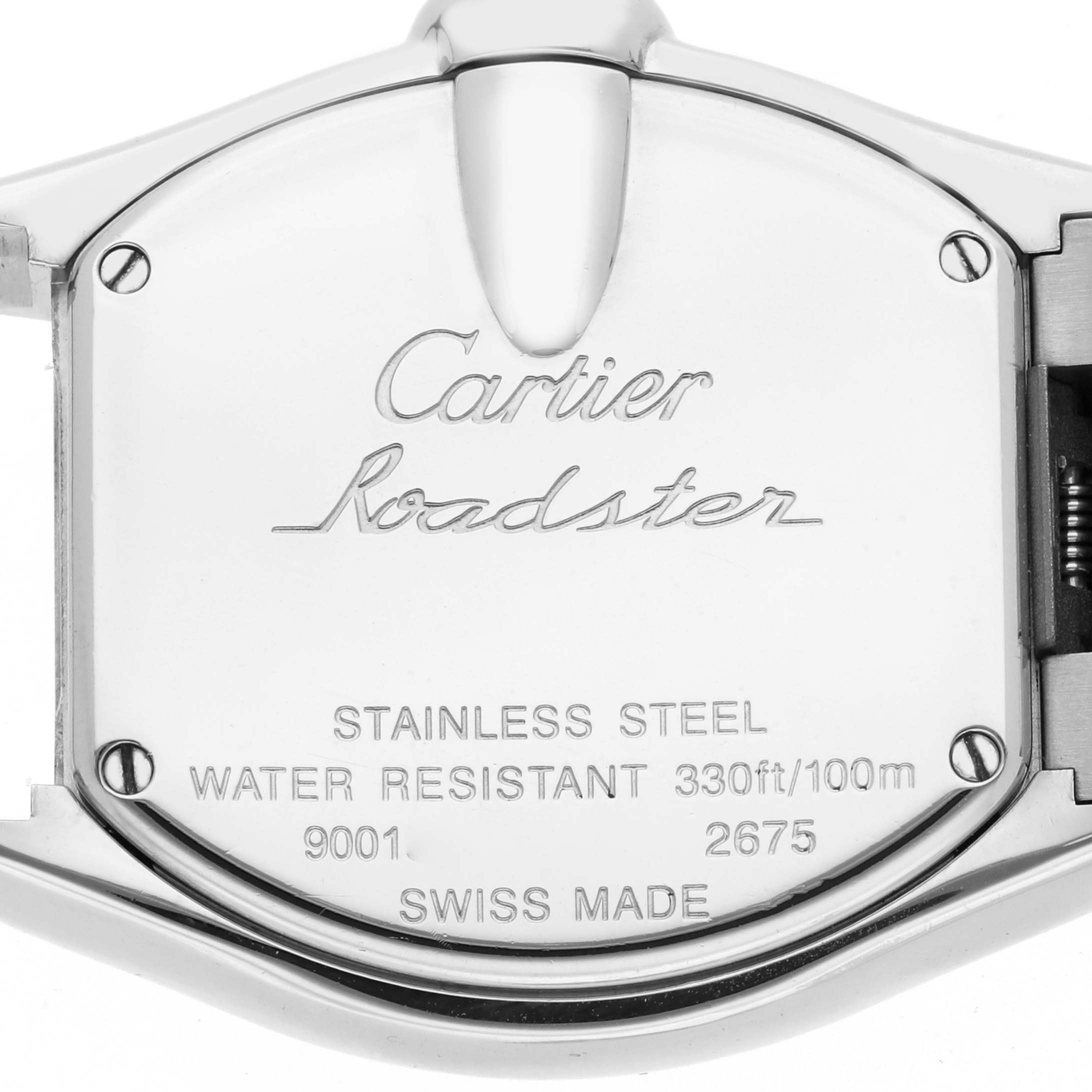 This image shows the back case of the Cartier Roadster W62017V3 Women's Stainless Steel Pink Dial watch, highlighting its stainless steel material and water resistance details.