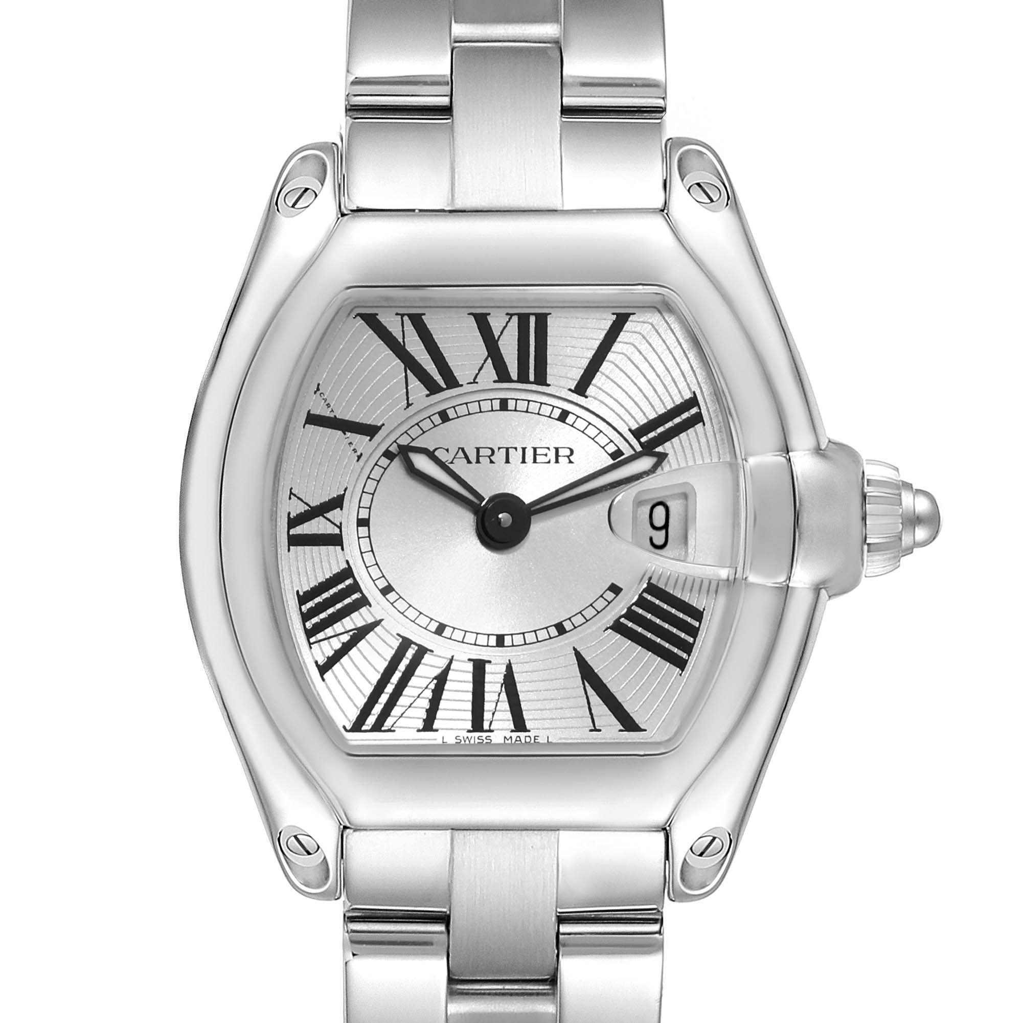 This image shows a front angle of the Cartier Roadster W62016V3 Women
s Stainless Steel Silver Dial W62016V3 Women
s Stainless Steel Silver Dial watch, highlighting the dial, hands, and part of the bracelet.