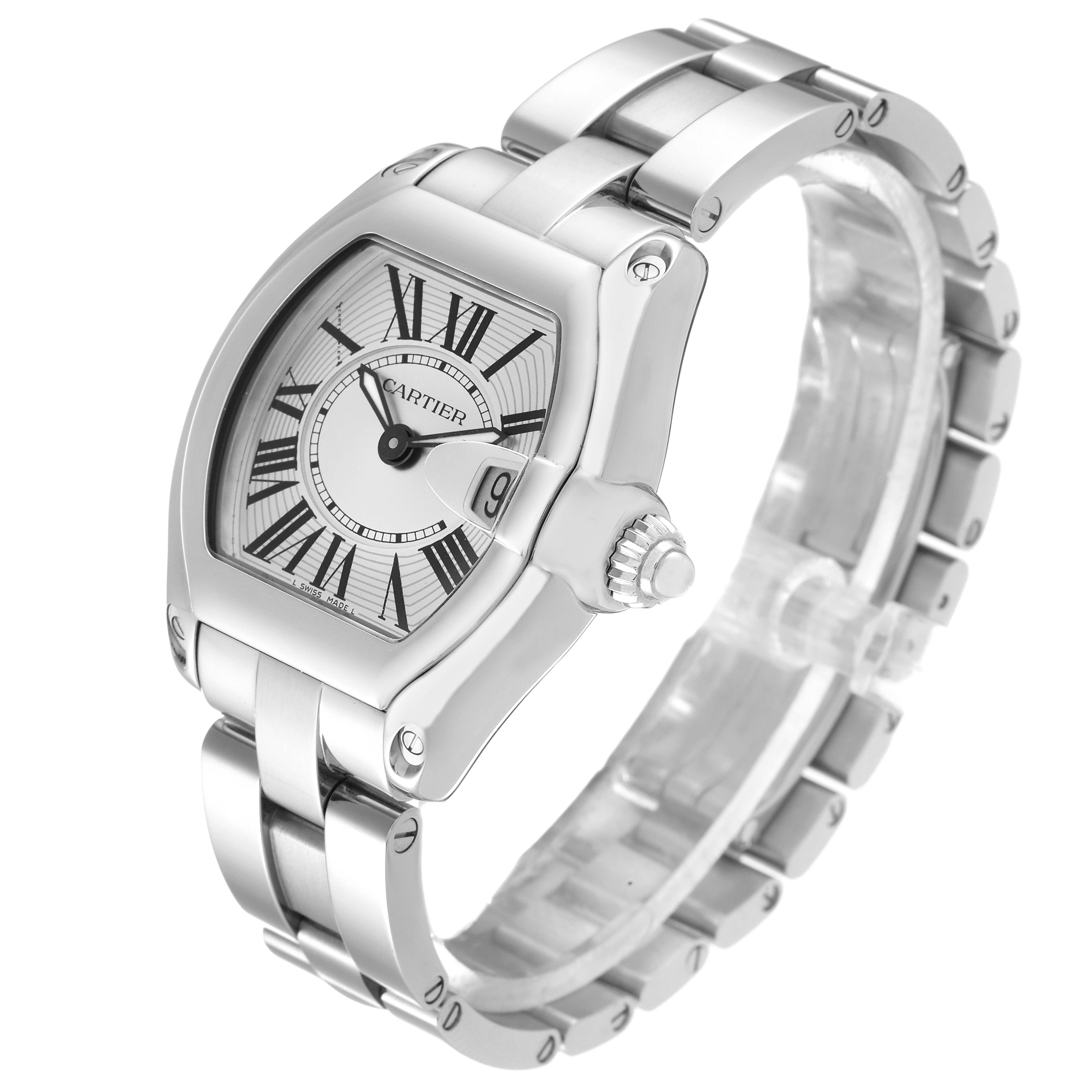 The Cartier Roadster W62016V3 Women
s Stainless Steel Silver Dial W62016V3 Women
s Stainless Steel Silver Dial watch is shown at a three-quarter angle, highlighting the case, bracelet, and crown.