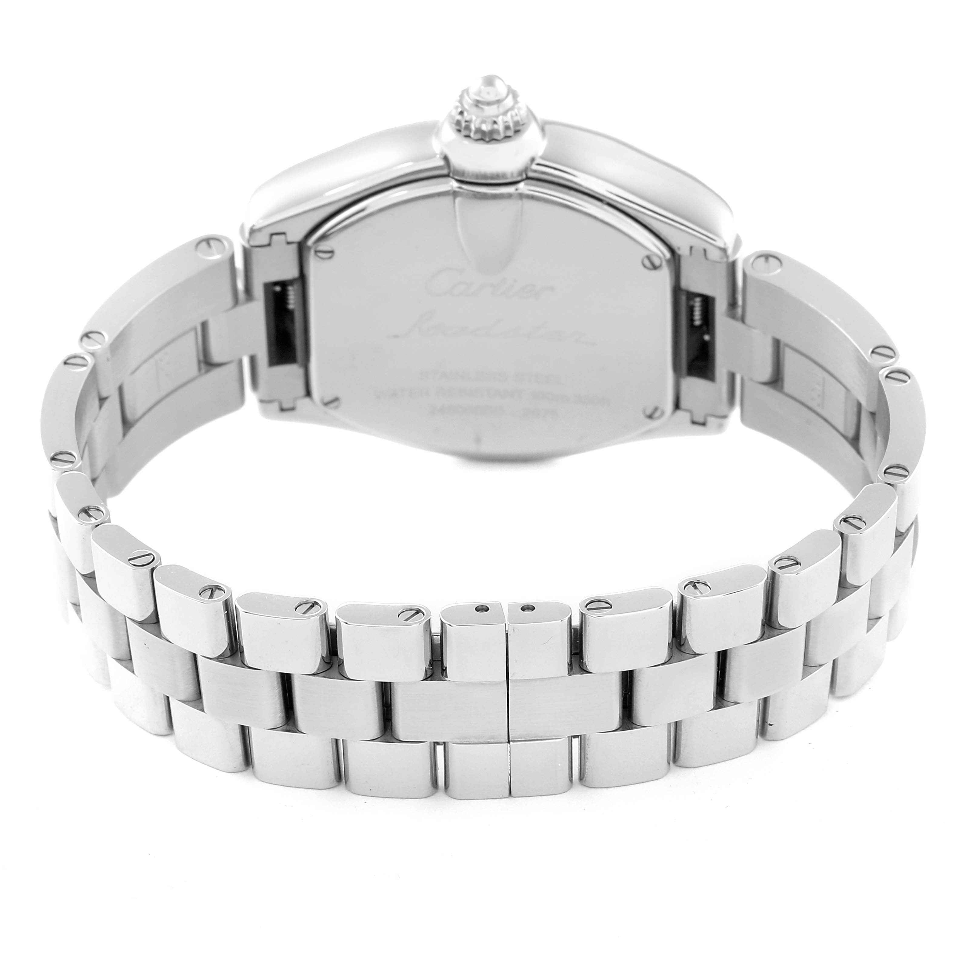 This image shows the back view of the Cartier Roadster W62016V3 Women
s Stainless Steel Silver Dial W62016V3 Women
s Stainless Steel Silver Dial watch, highlighting the caseback and metal bracelet.