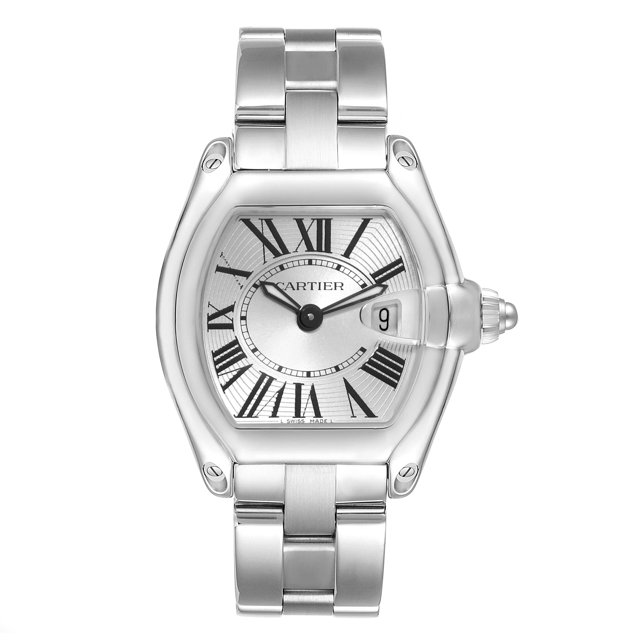 This is a front view of the Cartier Roadster W62016V3 Women
s Stainless Steel Silver Dial W62016V3 Women
s Stainless Steel Silver Dial watch showing the face, case, crown, and bracelet.