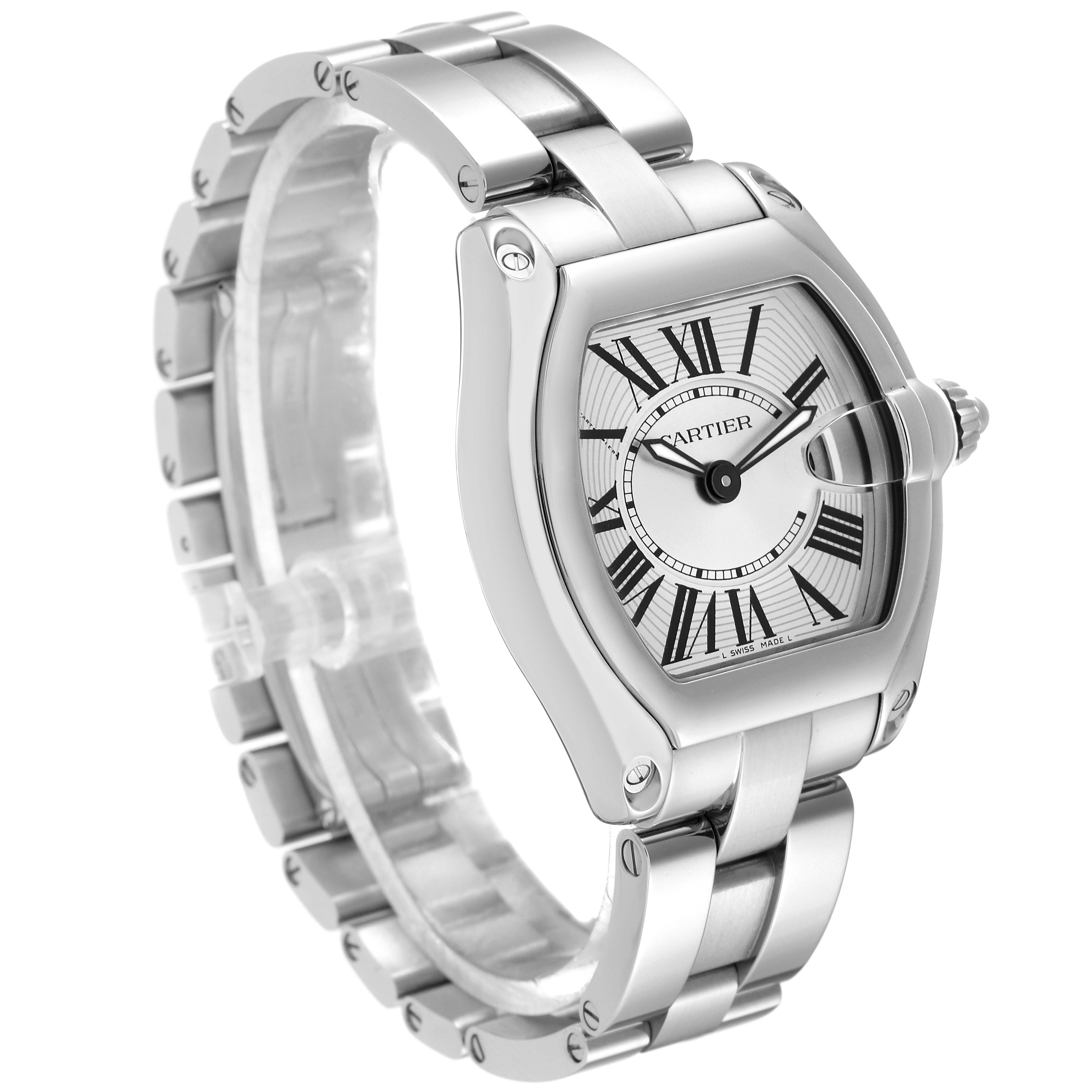 This is a Cartier Roadster W62016V3 Women
s Stainless Steel Silver Dial W62016V3 Women
s Stainless Steel Silver Dial watch shown at a three-quarter angle highlighting the face, case, and bracelet.
