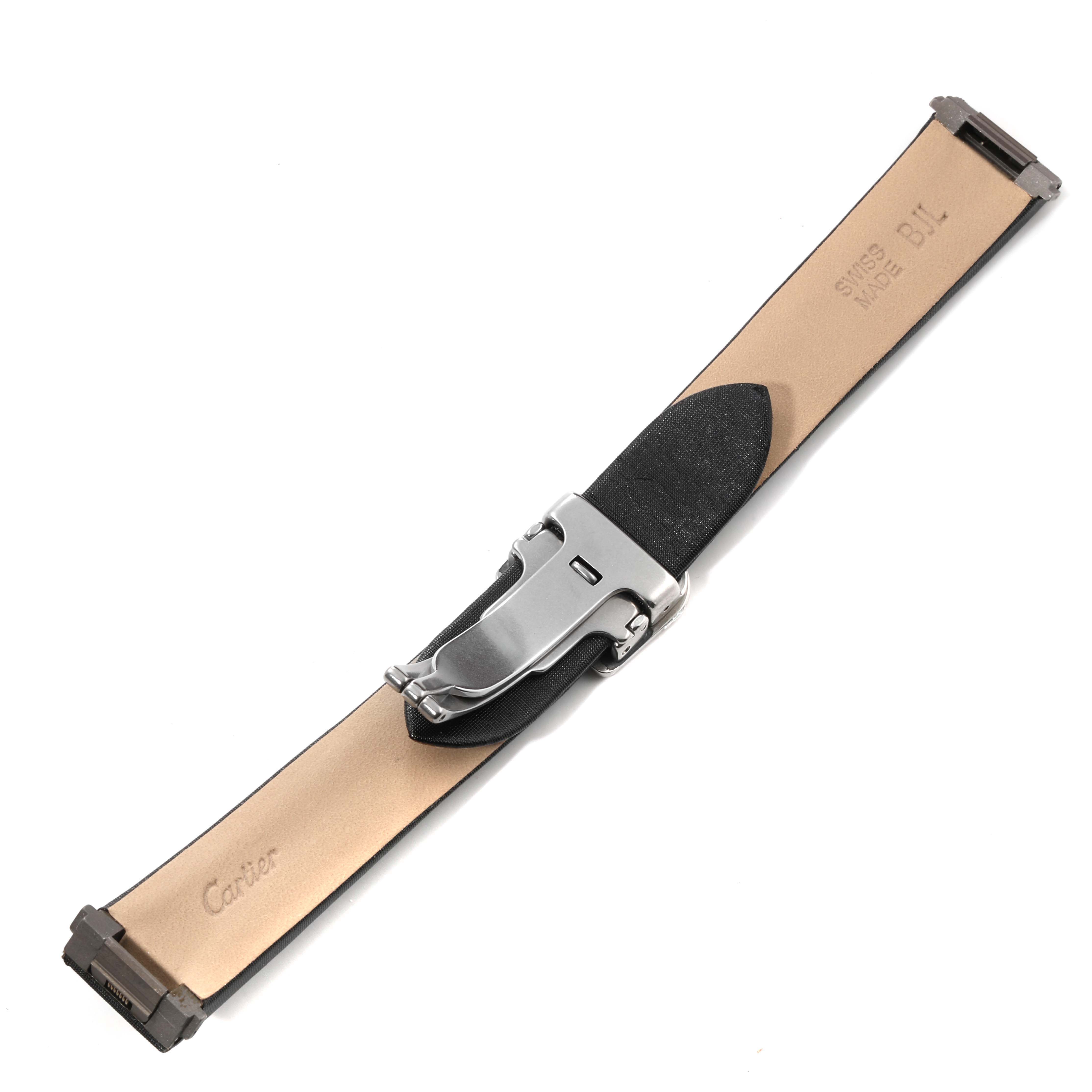 The image shows a Cartier Roadster W62016V3 Women
s Stainless Steel Silver Dial W62016V3 Women
s Stainless Steel Silver Dial watch strap laid flat, highlighting its clasp and leather band.