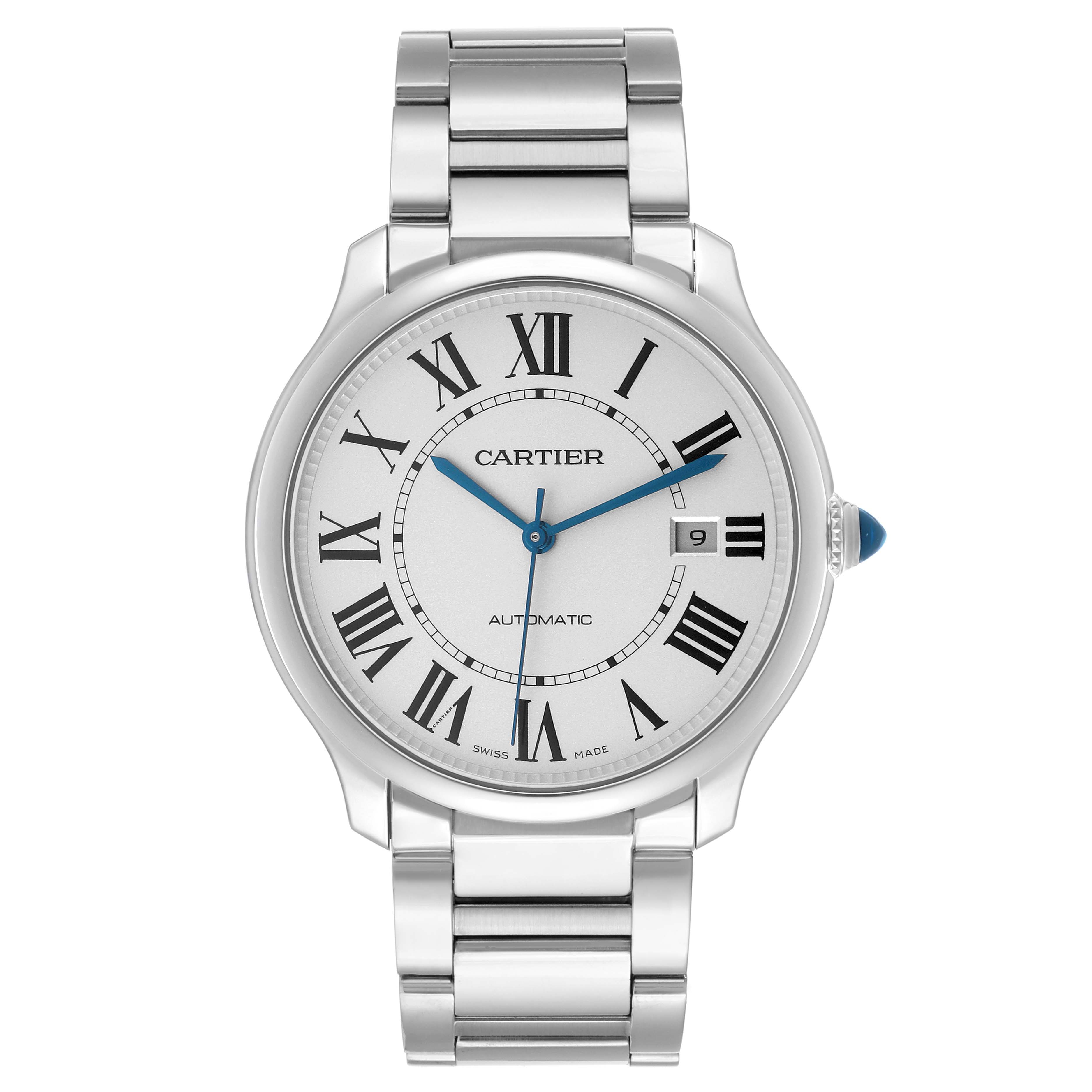 The image shows a front view of the Cartier Ronde WSRN0035 Men's Stainless Steel Silver Dial watch, highlighting its dial, hands, Roman numerals, and metal bracelet.
