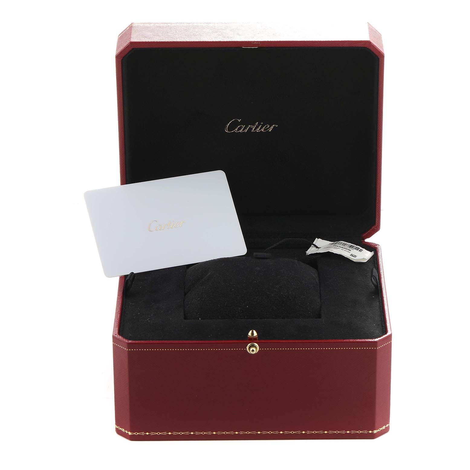The image shows a Cartier Ronde WSRN0035 Men's Stainless Steel Silver Dial watch box with a cushion and a card inside, without the watch itself.