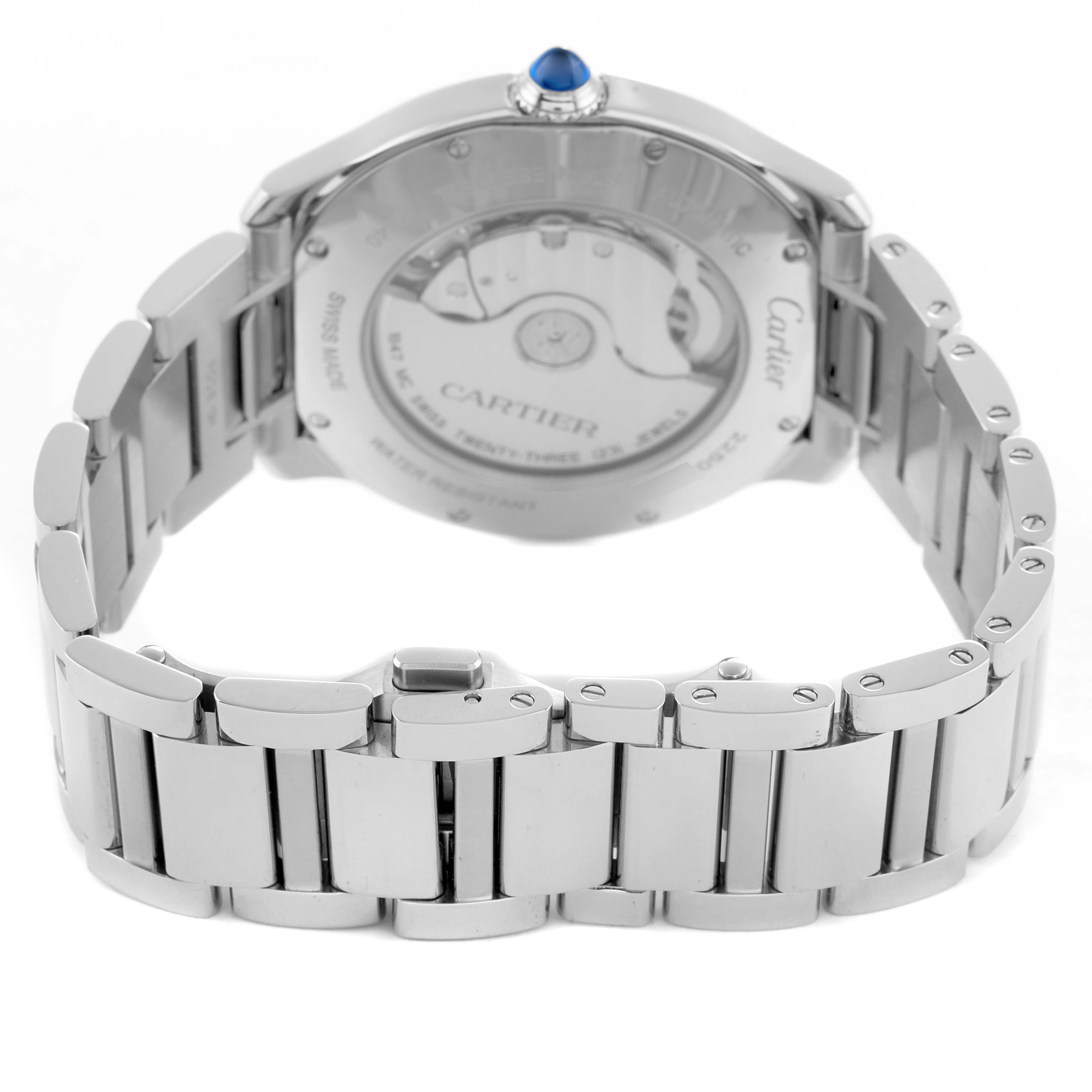 The Cartier Ronde WSRN0035 Men's Stainless Steel Silver Dial watch is shown from the rear, highlighting the open case back and bracelet links.