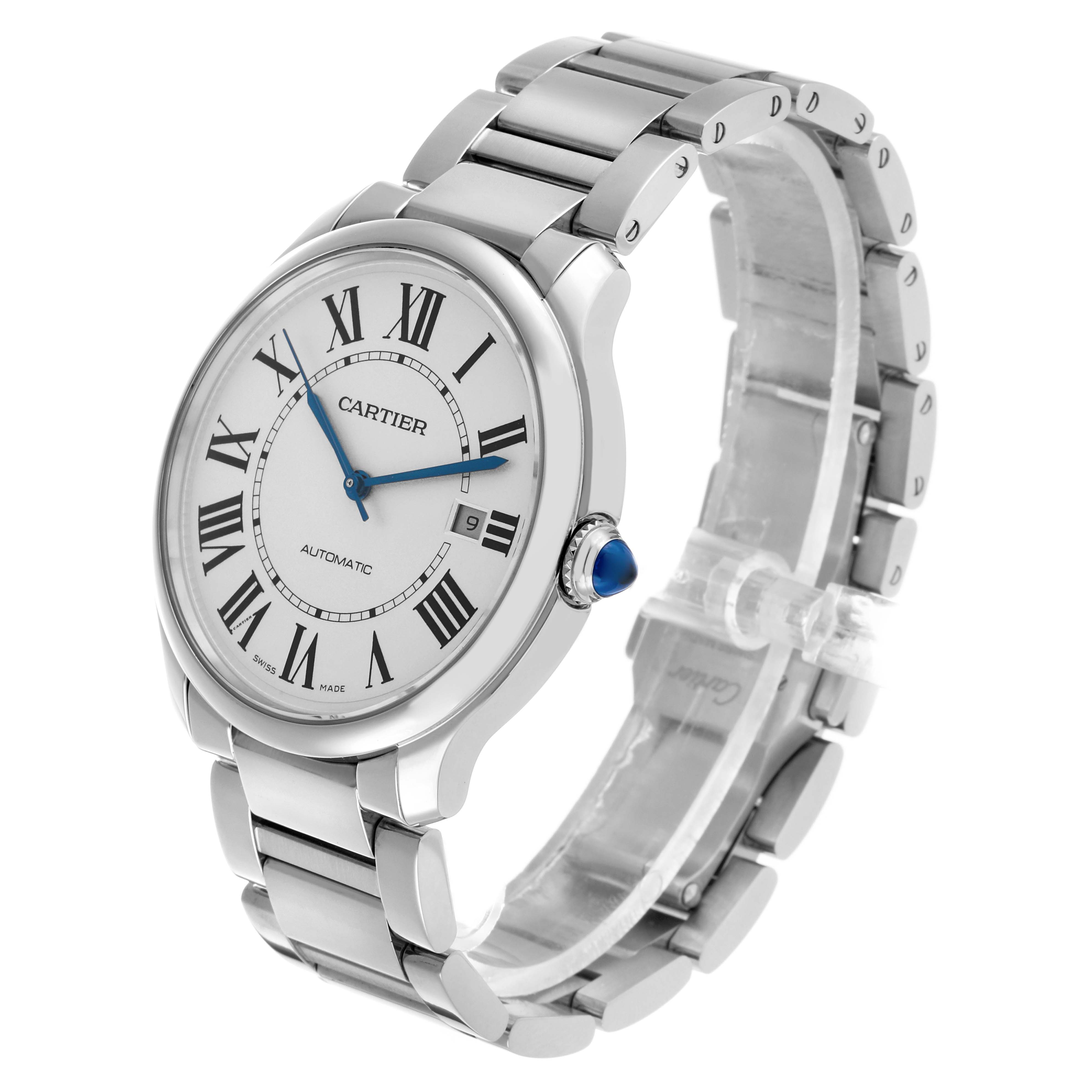 The Cartier Ronde WSRN0035 Men's Stainless Steel Silver Dial watch is shown at a three-quarter angle, displaying the face, crown, and bracelet links.
