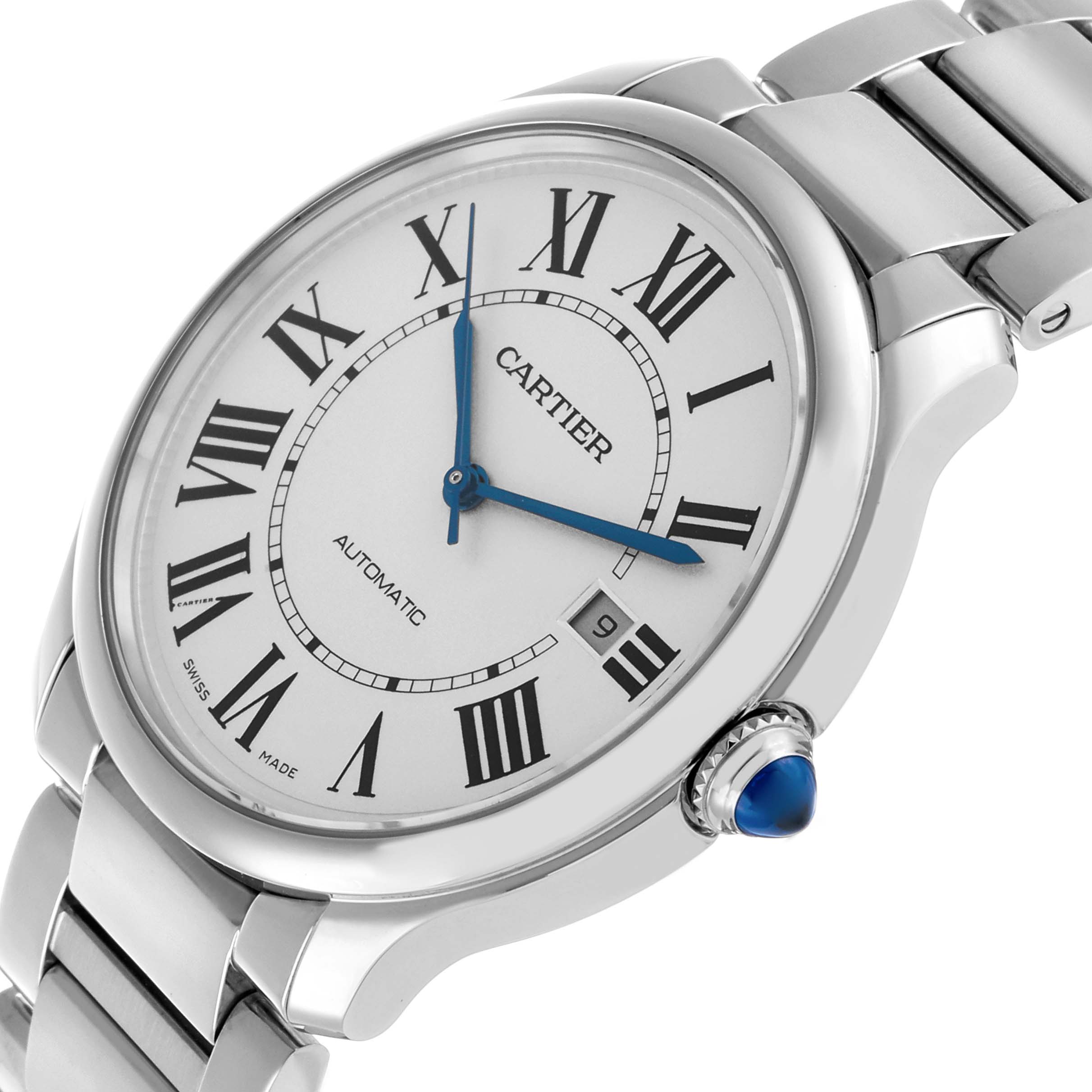 The Cartier Ronde WSRN0035 Men's Stainless Steel Silver Dial watch is shown at a slight angle, revealing the face, crown, and stainless steel bracelet.