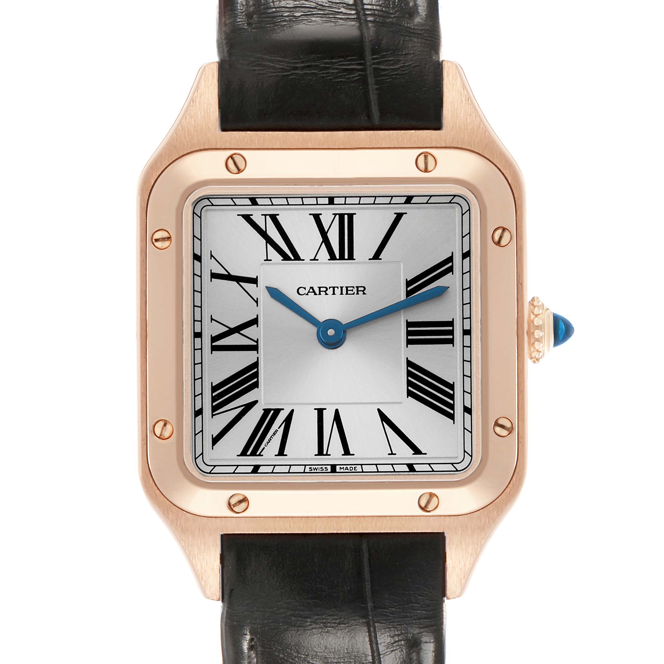 The Cartier Santos WGSA0022 Women's Rose Gold Silver Dial watch is shown from the front, displaying the face, hands, and bezel with screw details.