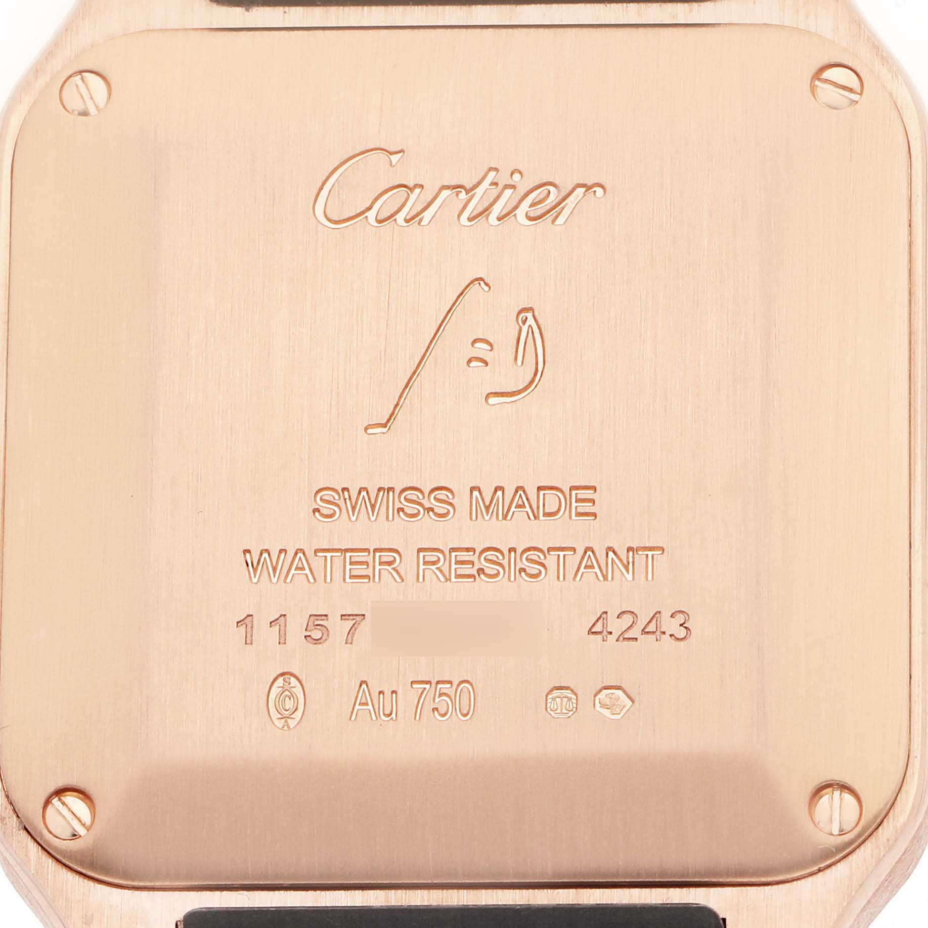 The image shows the back case of a Cartier Santos WGSA0022 Women's Rose Gold Silver Dial watch, displaying branding and specifications.