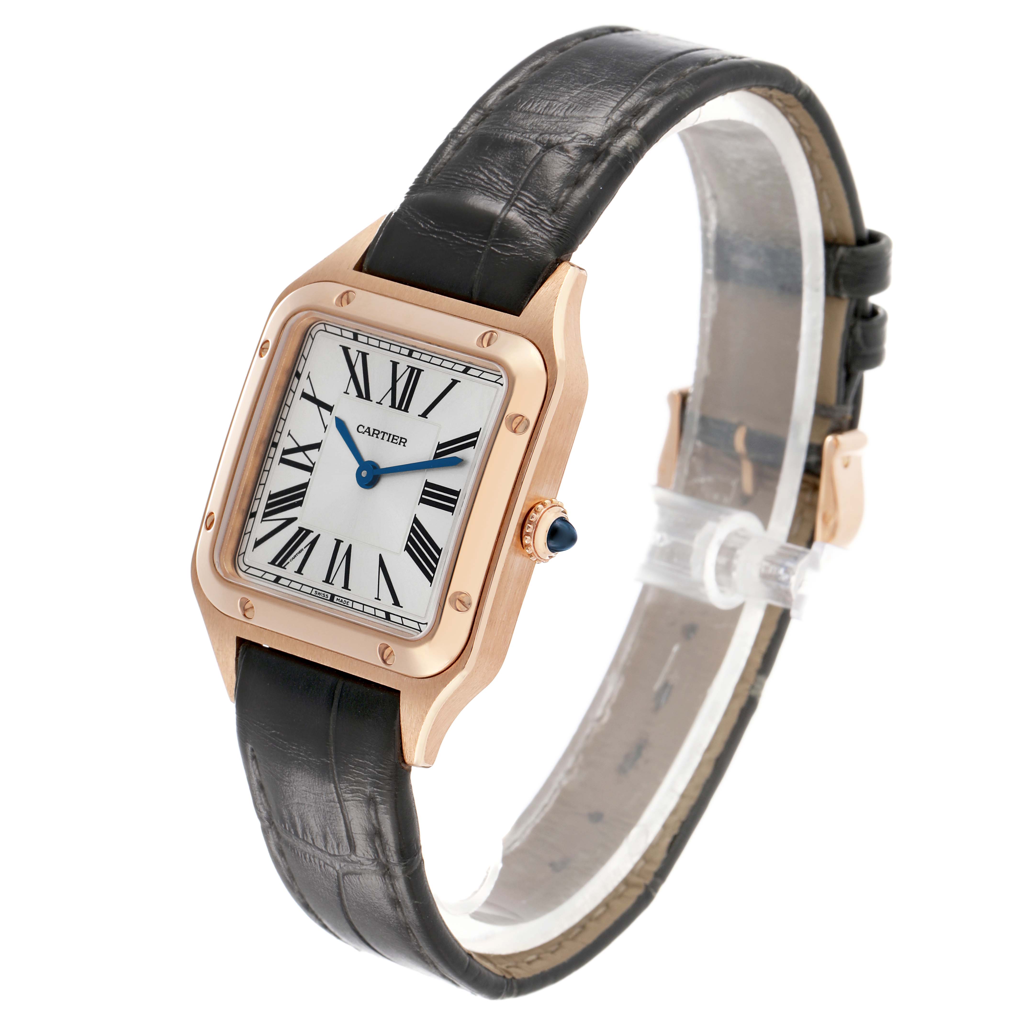 The Cartier Santos WGSA0022 Women's Rose Gold Silver Dial watch is shown at a three-quarter angle, highlighting the face, crown, and leather strap.