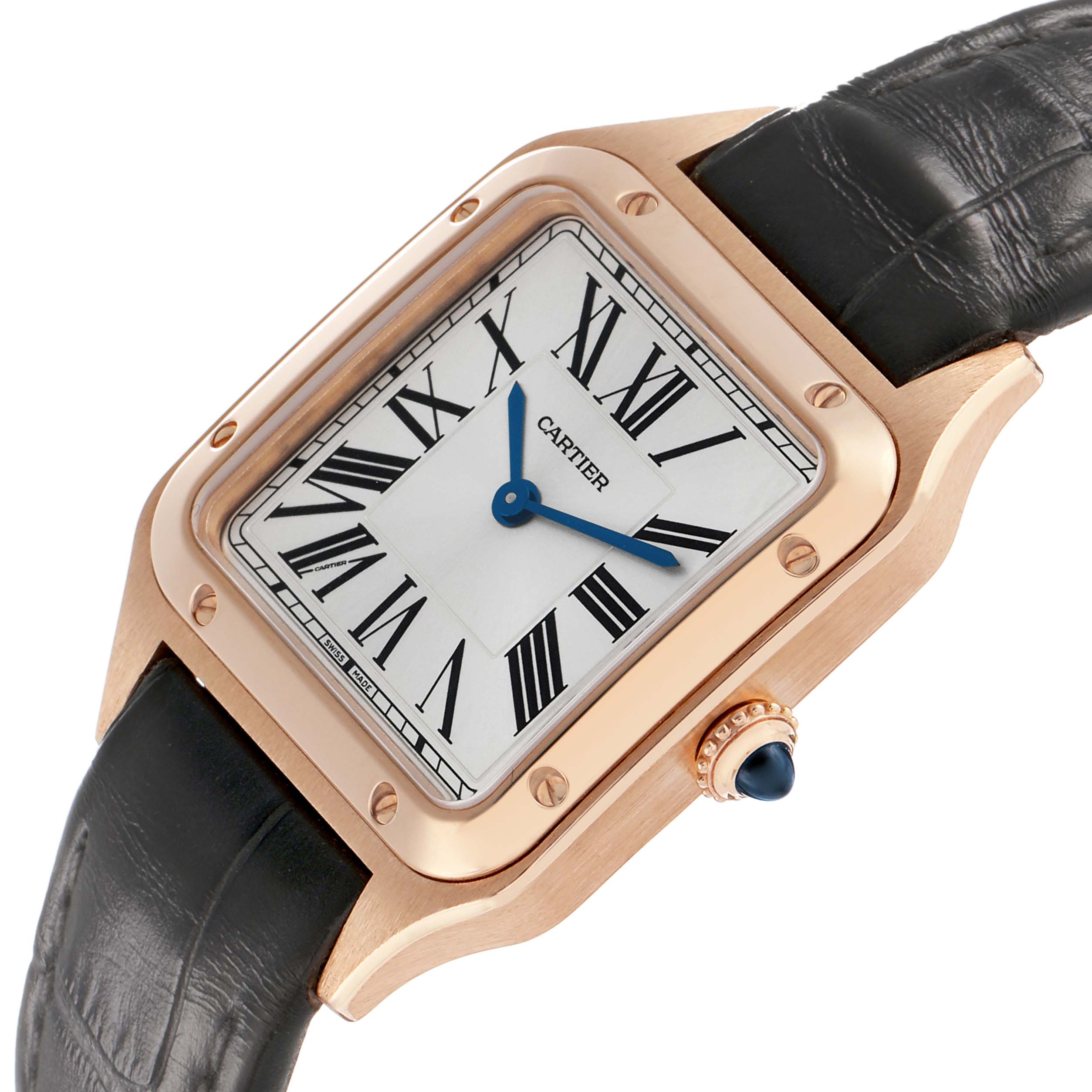 The Cartier Santos WGSA0022 Women's Rose Gold Silver Dial watch is shown at a tilted angle highlighting the face, bezel, crown, and black leather strap.