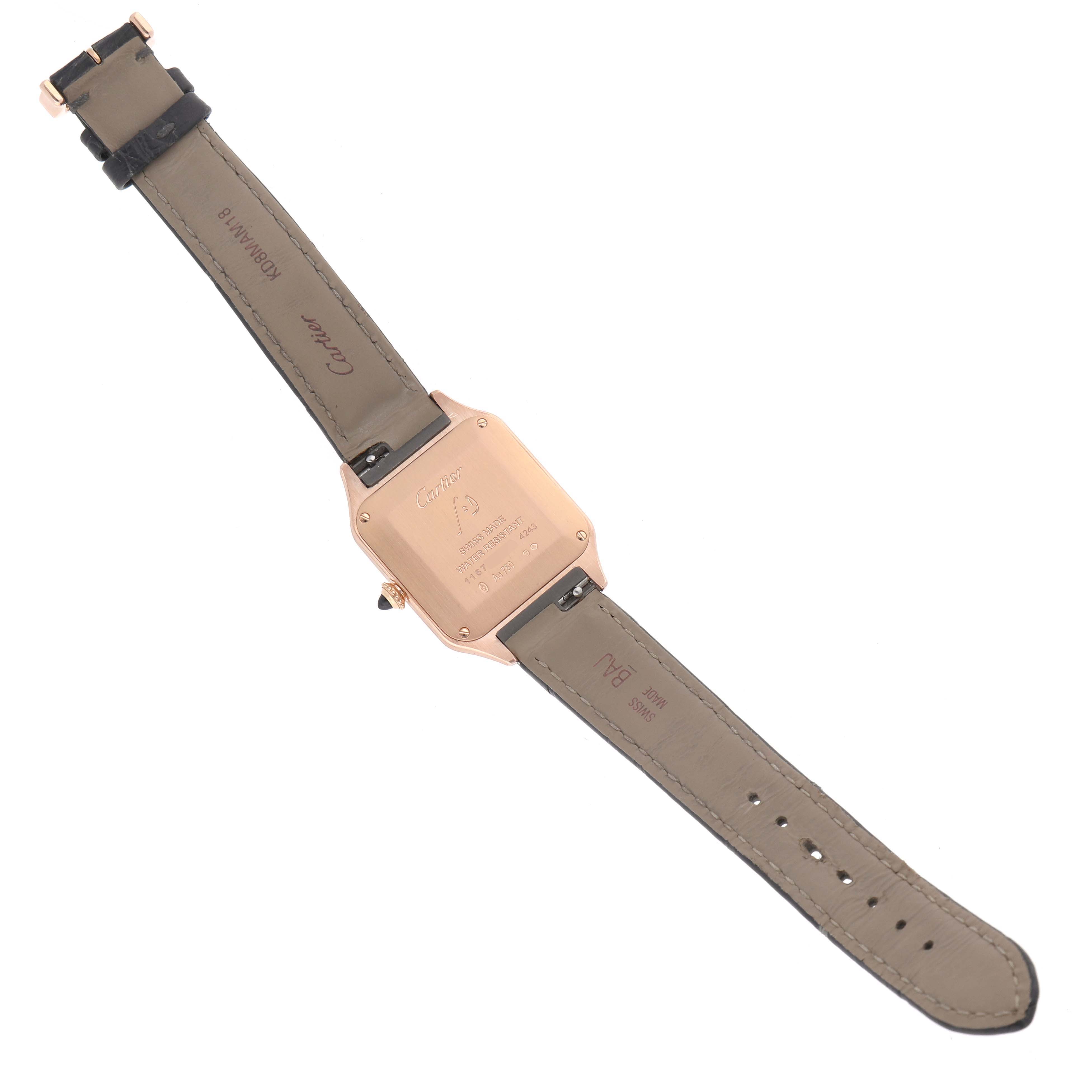 The image shows the back of a Cartier Santos WGSA0022 Women's Rose Gold Silver Dial watch with the case and entire strap visible.