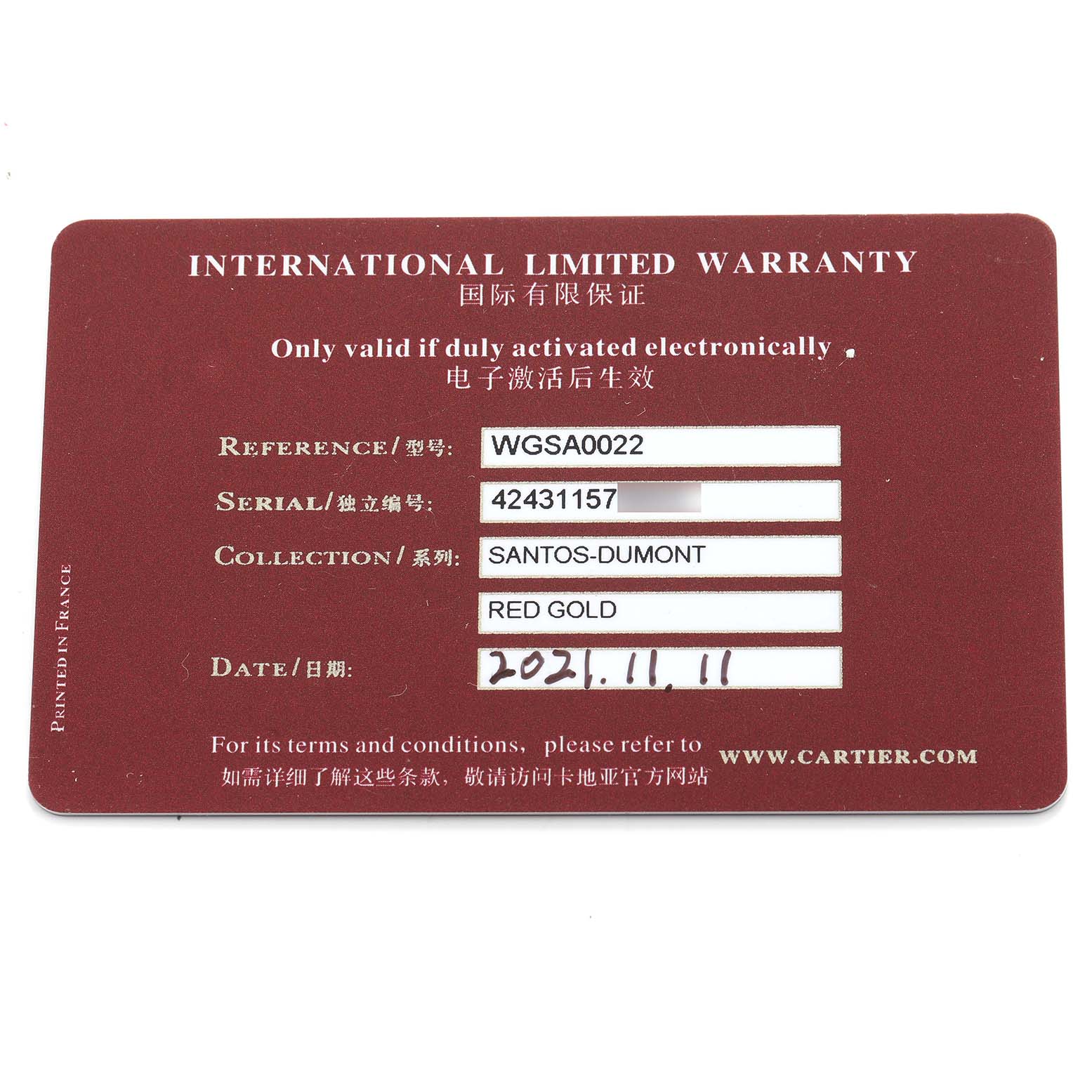 The image shows an international limited warranty card for the Cartier Santos WGSA0022 Women's Rose Gold Silver Dial-Dumont model.