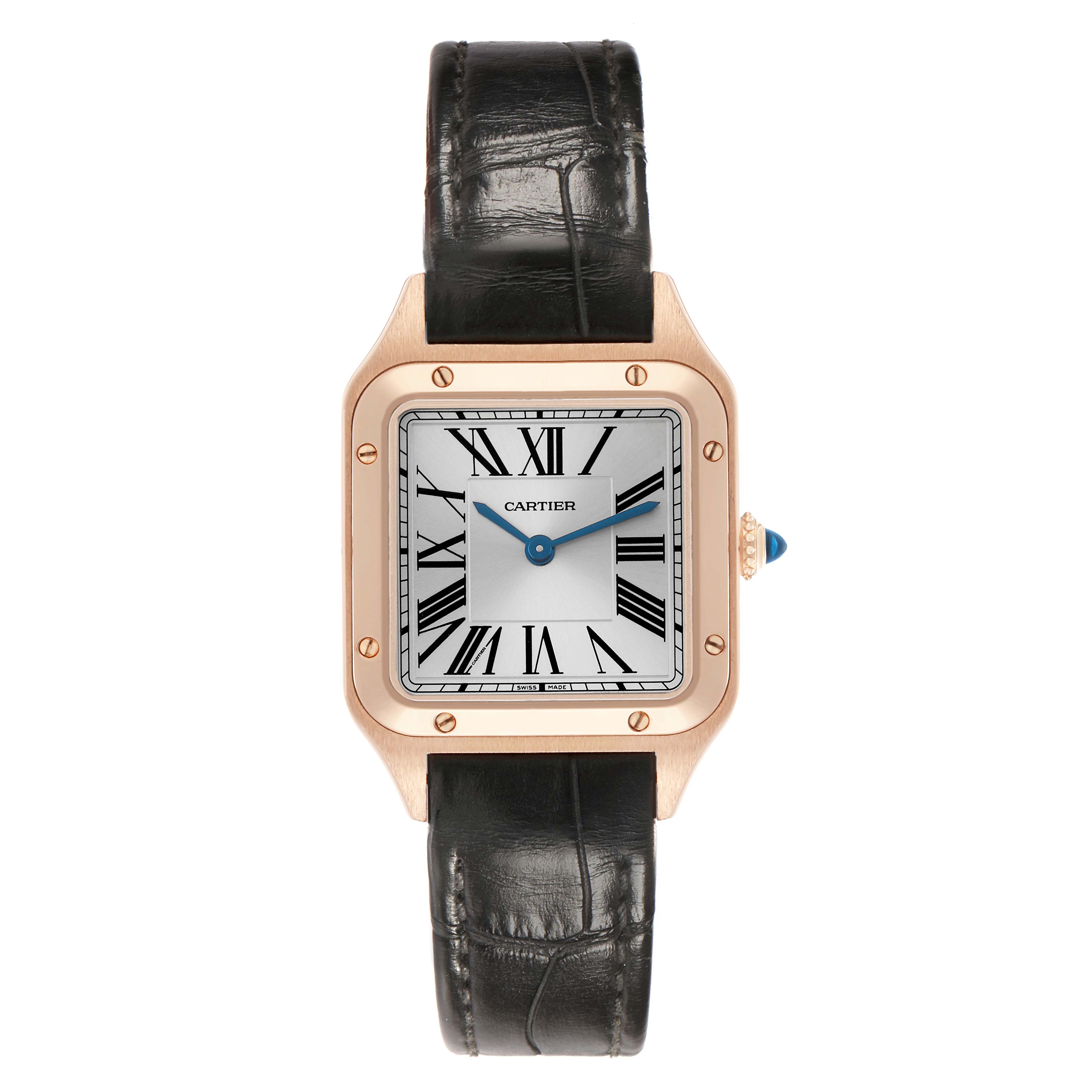 The Cartier Santos WGSA0022 Women's Rose Gold Silver Dial watch is shown from a front angle, displaying its face, bezel, and leather strap.