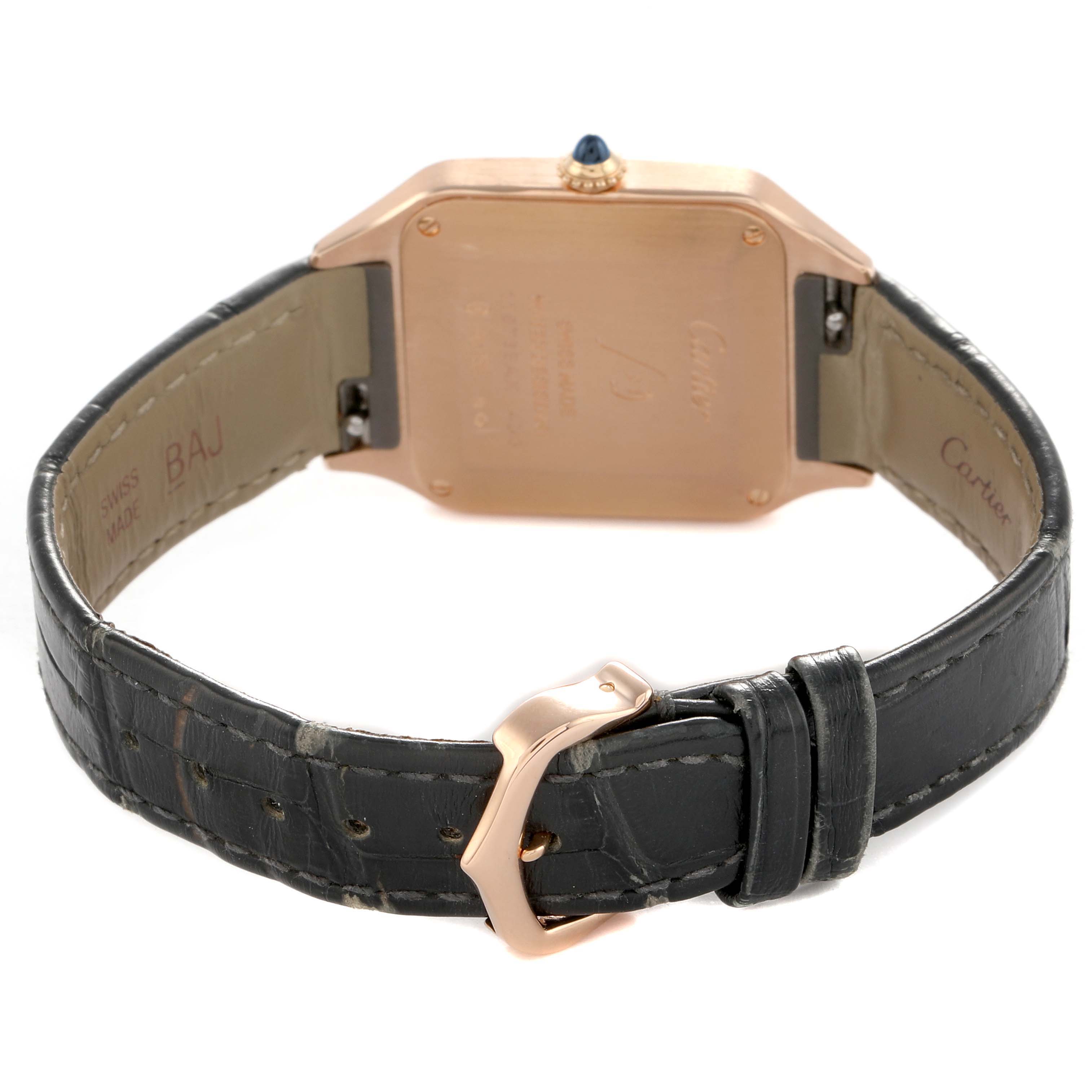 The image shows the back case and strap of a Cartier Santos WGSA0022 Women's Rose Gold Silver Dial watch, highlighting the buckle and leather band.