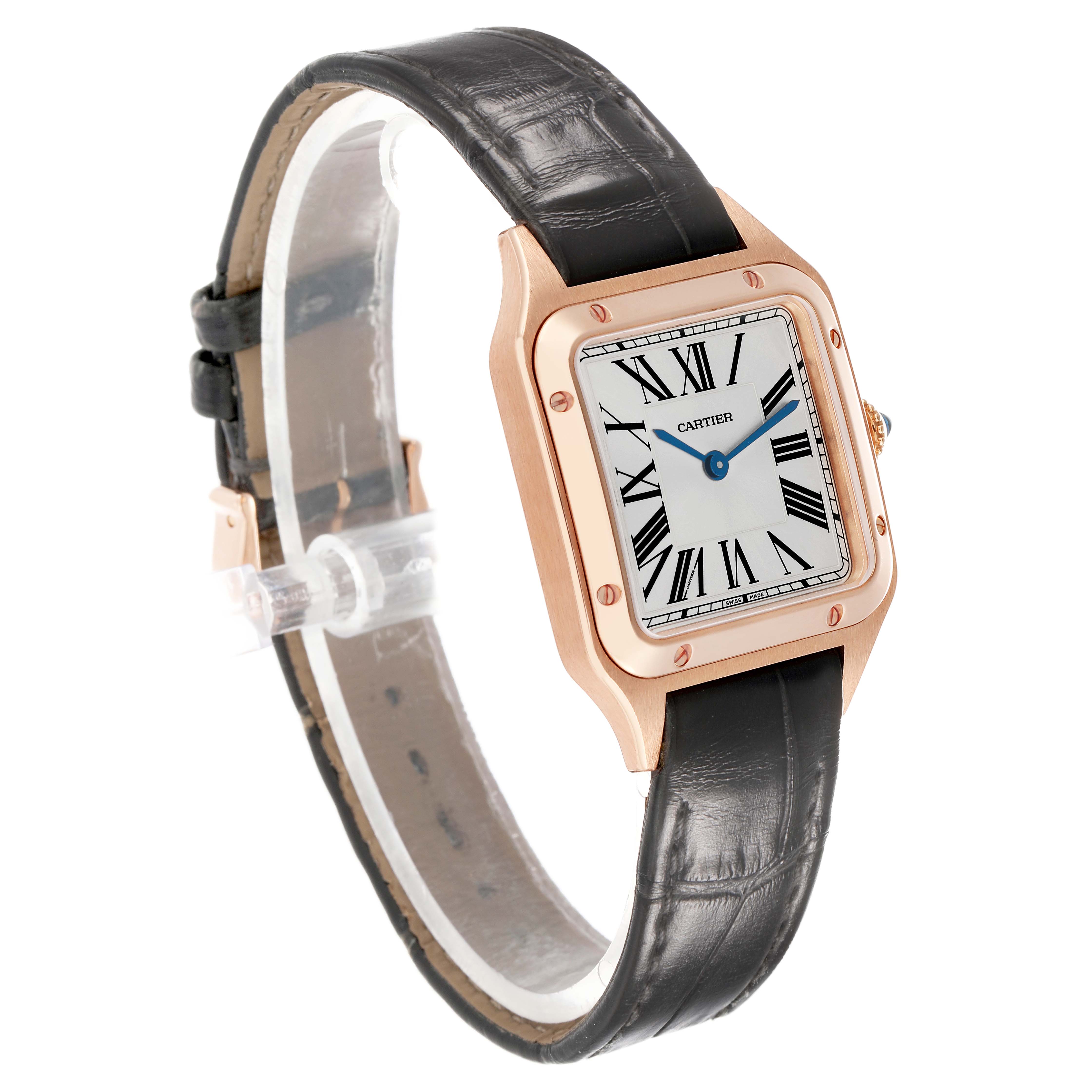 The Cartier Santos WGSA0022 Women's Rose Gold Silver Dial watch is shown at a three-quarter angle, displaying the face, case, and leather strap.