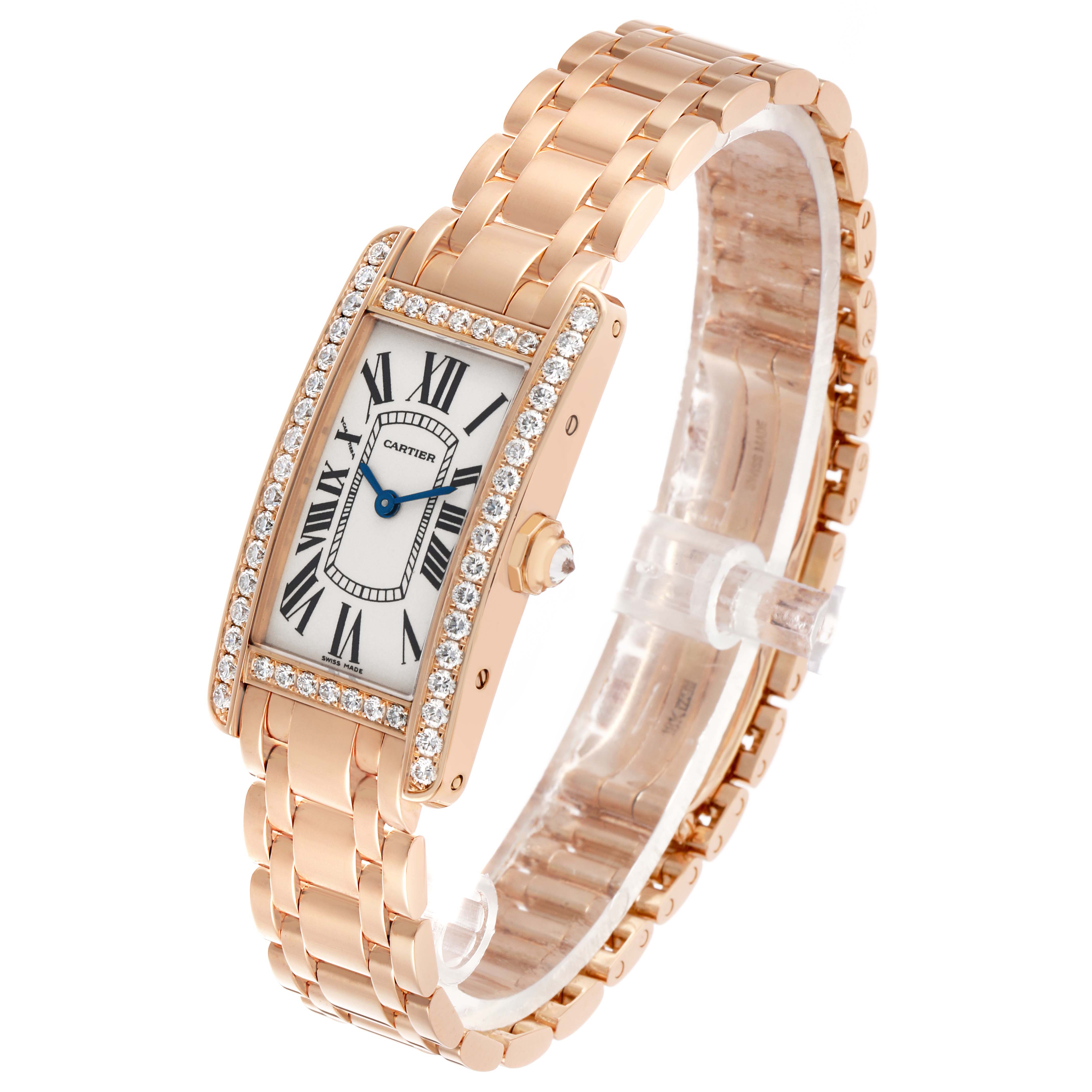 The Cartier Tank Americaine WB7079M5 Women's Rose Gold Silver Dial watch is shown at a three-quarter angle highlighting its diamond-set case and rose gold bracelet.