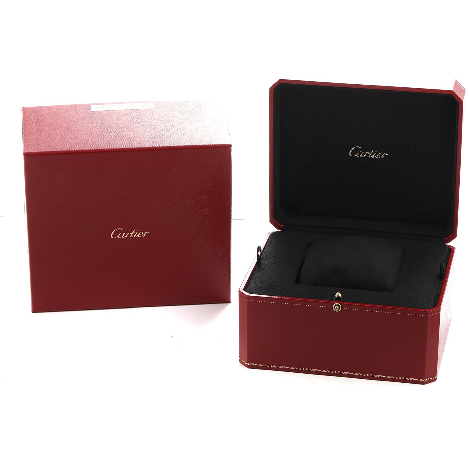 The image shows a Cartier Tank Américaine watch box, open to reveal a black cushion inside, alongside the outer packaging.