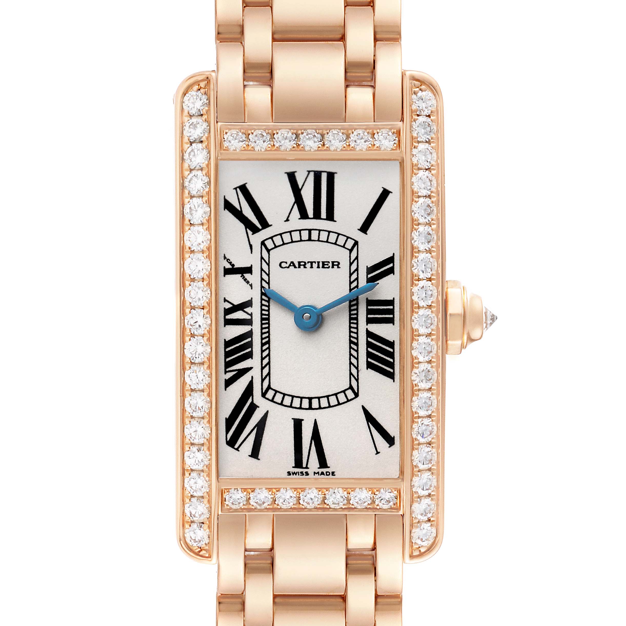 The Cartier Tank Americaine WB7079M5 Women's Rose Gold Silver Dial watch is shown from a top-down angle, highlighting the rectangular face, bracelet, and diamond bezel.