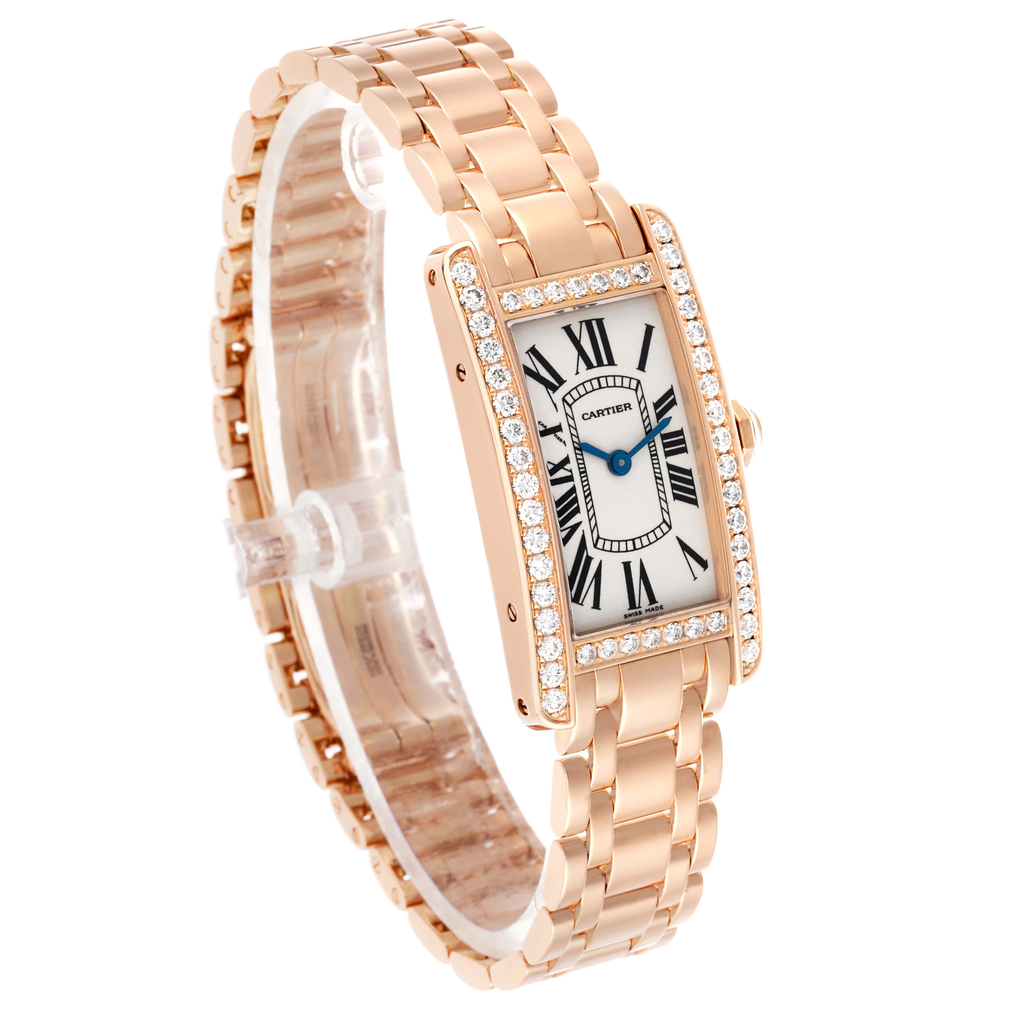 The Cartier Tank Americaine WB7079M5 Women's Rose Gold Silver Dial watch is angled to show its face, diamond bezel, and full bracelet.