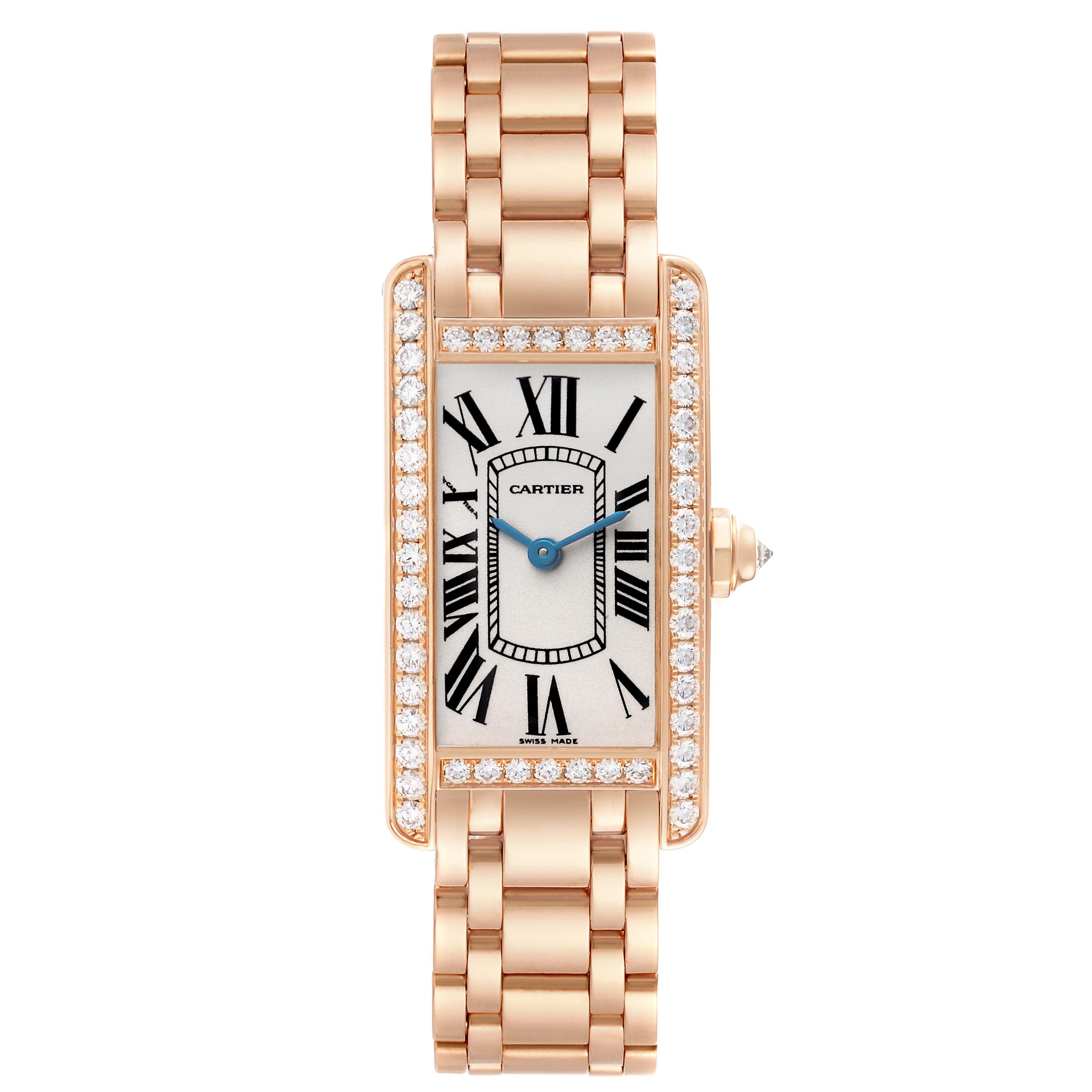 The Cartier Tank Americaine WB7079M5 Women's Rose Gold Silver Dial watch is shown from a top-down angle, displaying its rectangular face, Roman numerals, and metal strap.