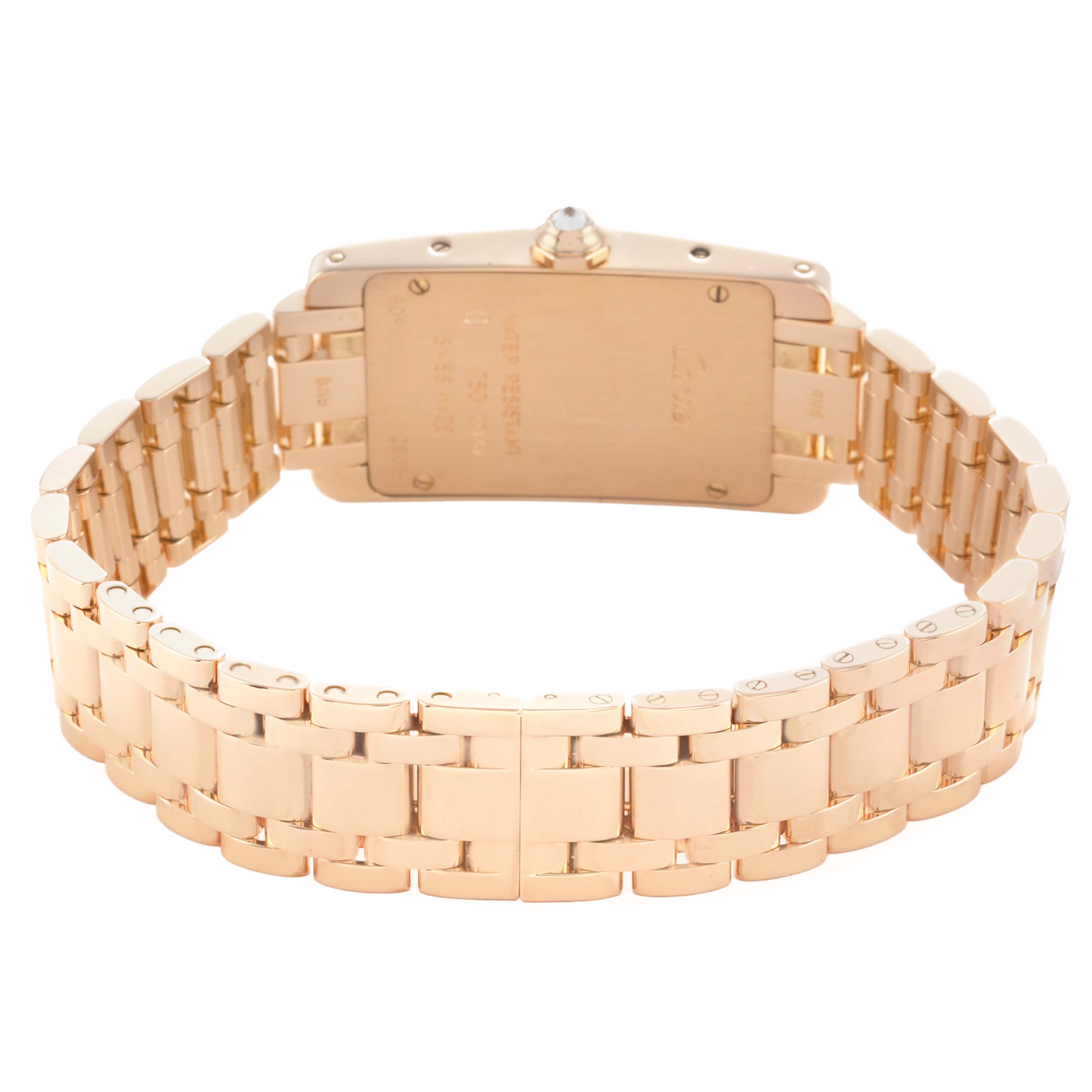 The image shows the back of a Cartier Tank Americaine WB7079M5 Women's Rose Gold Silver Dial watch, highlighting its gold bracelet and case back.