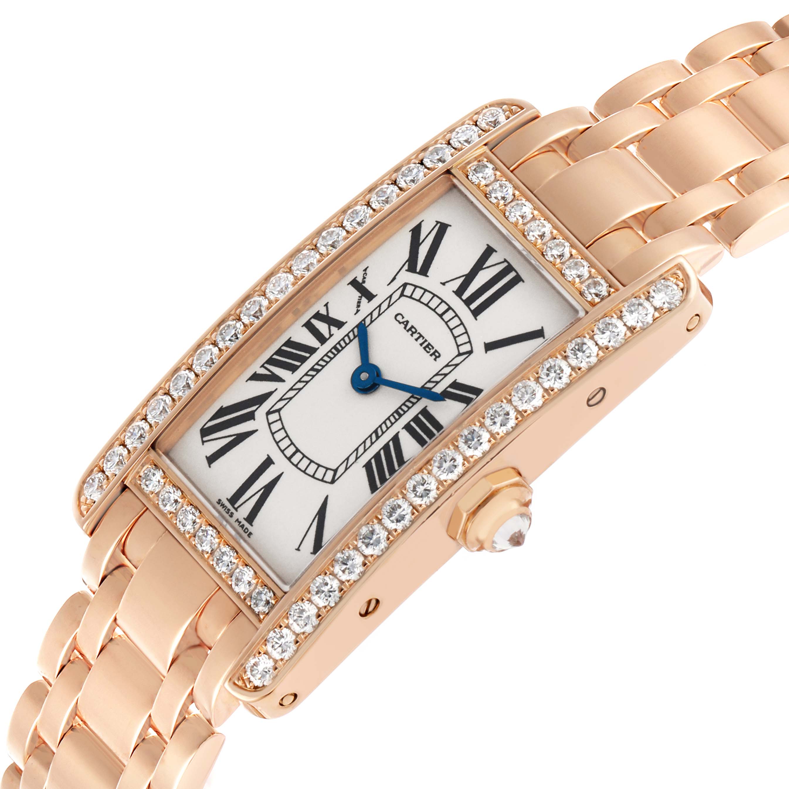 The Cartier Tank Americaine WB7079M5 Women's Rose Gold Silver Dial watch is shown at an angled view, highlighting its diamond-studded bezel, crown, and bracelet.