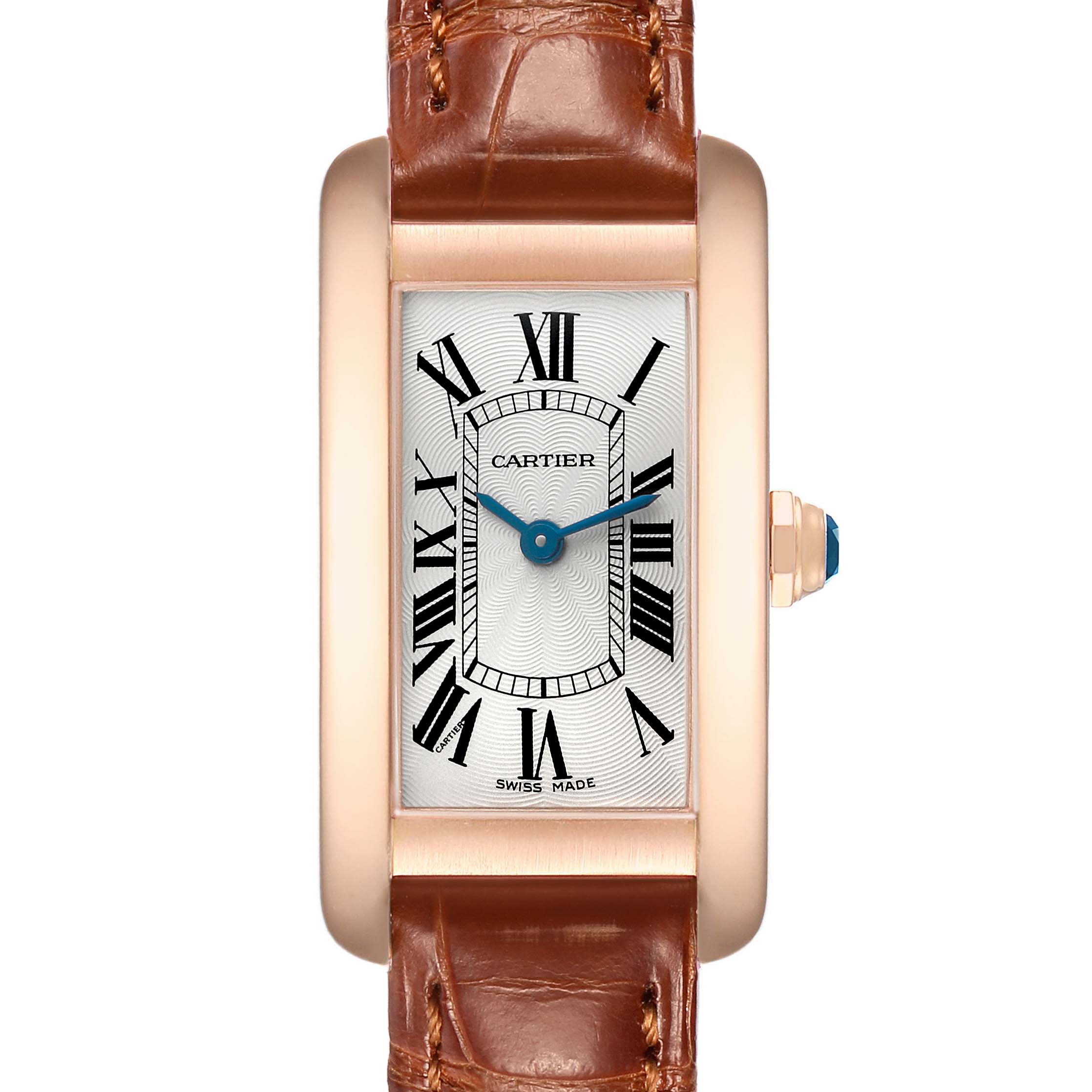 The Cartier Tank Americaine W2607456 Women's Rose Gold Silver Dial watch is shown from a front view, highlighting the rectangular case, white dial, and leather strap.