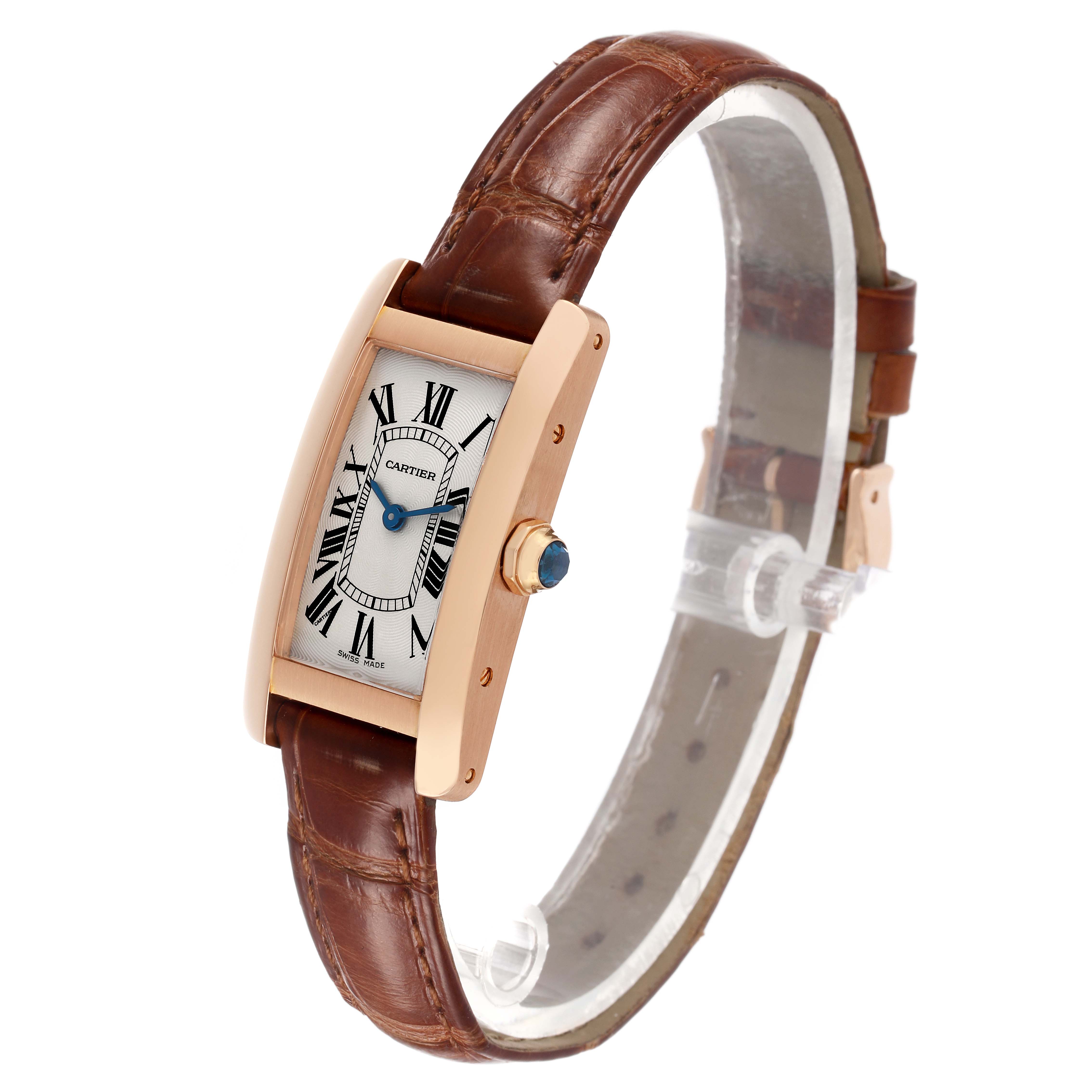 The Cartier Tank Americaine W2607456 Women's Rose Gold Silver Dial watch is shown at an angled front view, highlighting the face, case, crown, and leather strap.