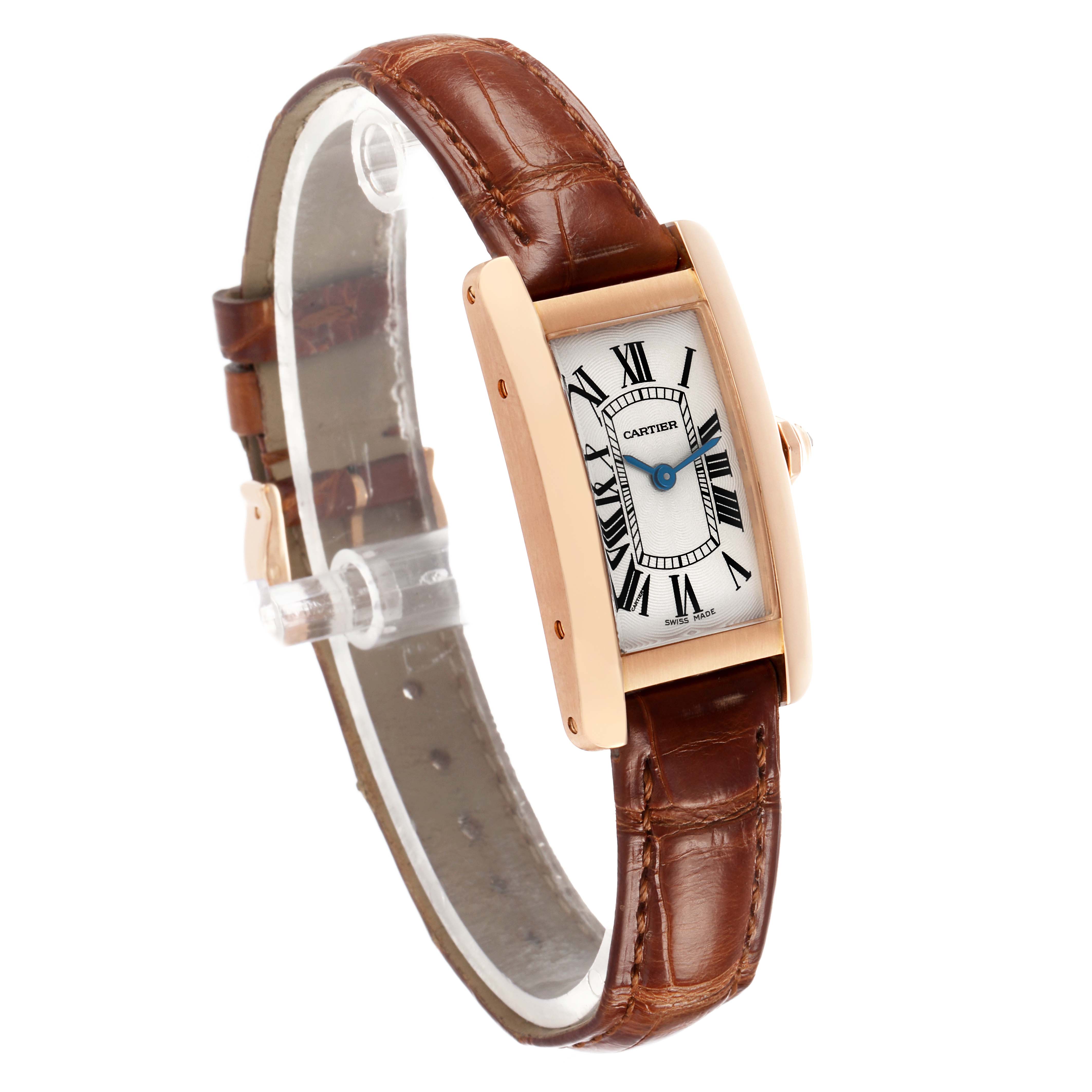 The Cartier Tank Americaine W2607456 Women's Rose Gold Silver Dial watch is shown from a three-quarter angle, displaying the face, case, crown, and leather strap.