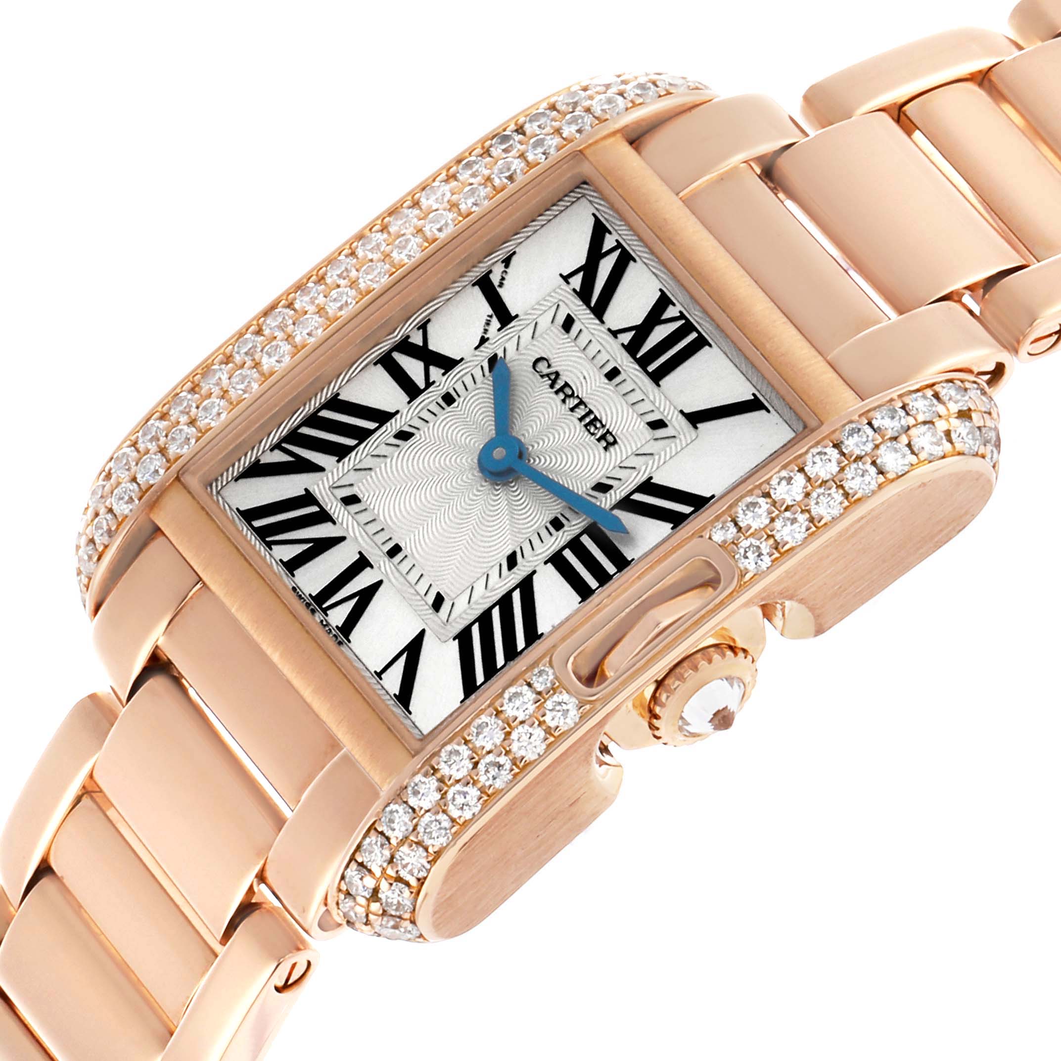 The Cartier Tank Anglaise WT100002 Women's Rose Gold Silver Dial watch is shown at an angle highlighting its face, diamond bezel, crown, and part of the bracelet.