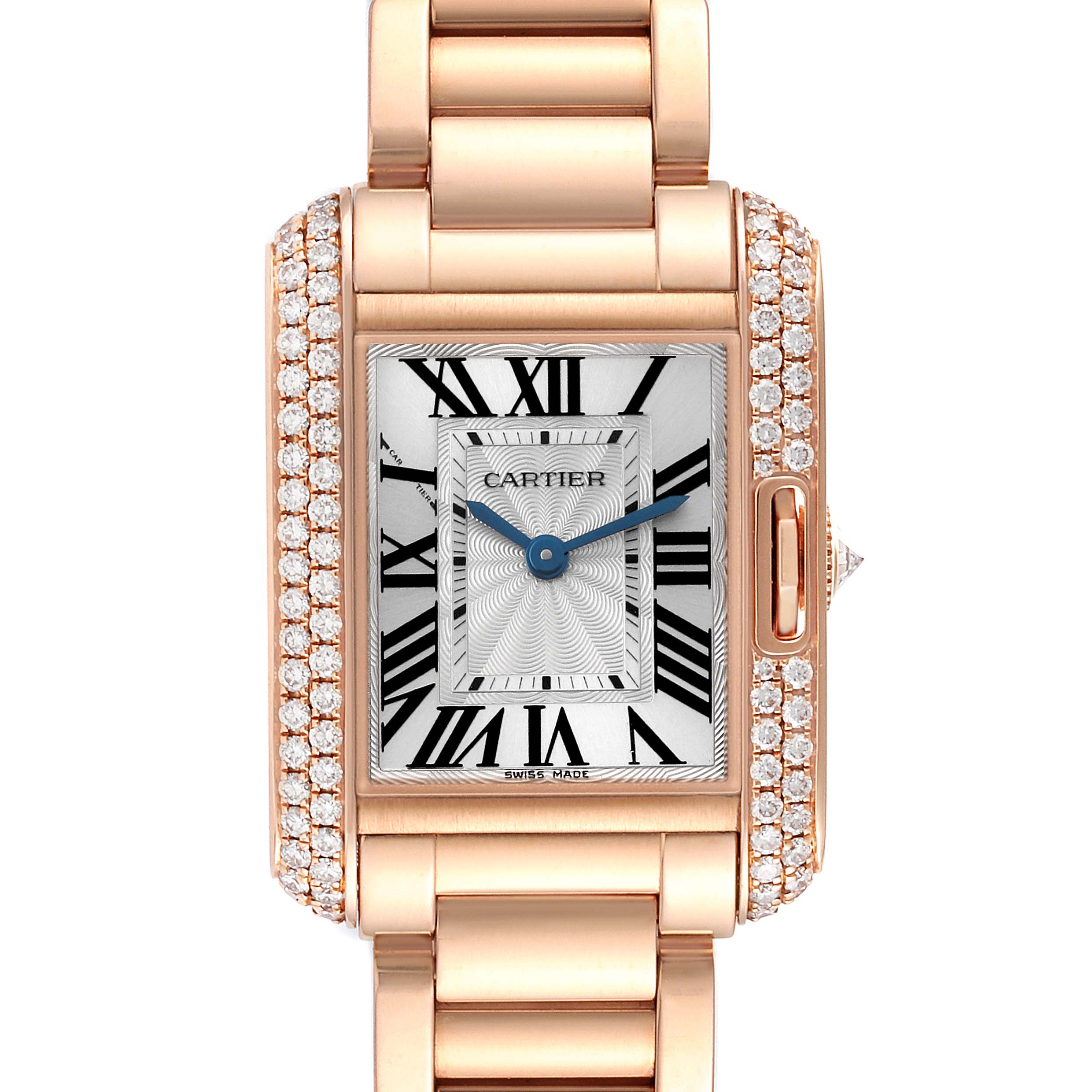 The Cartier Tank Anglaise WT100002 Women's Rose Gold Silver Dial watch is shown from a front angle, highlighting the face, Roman numerals, and the diamond-set bezel.