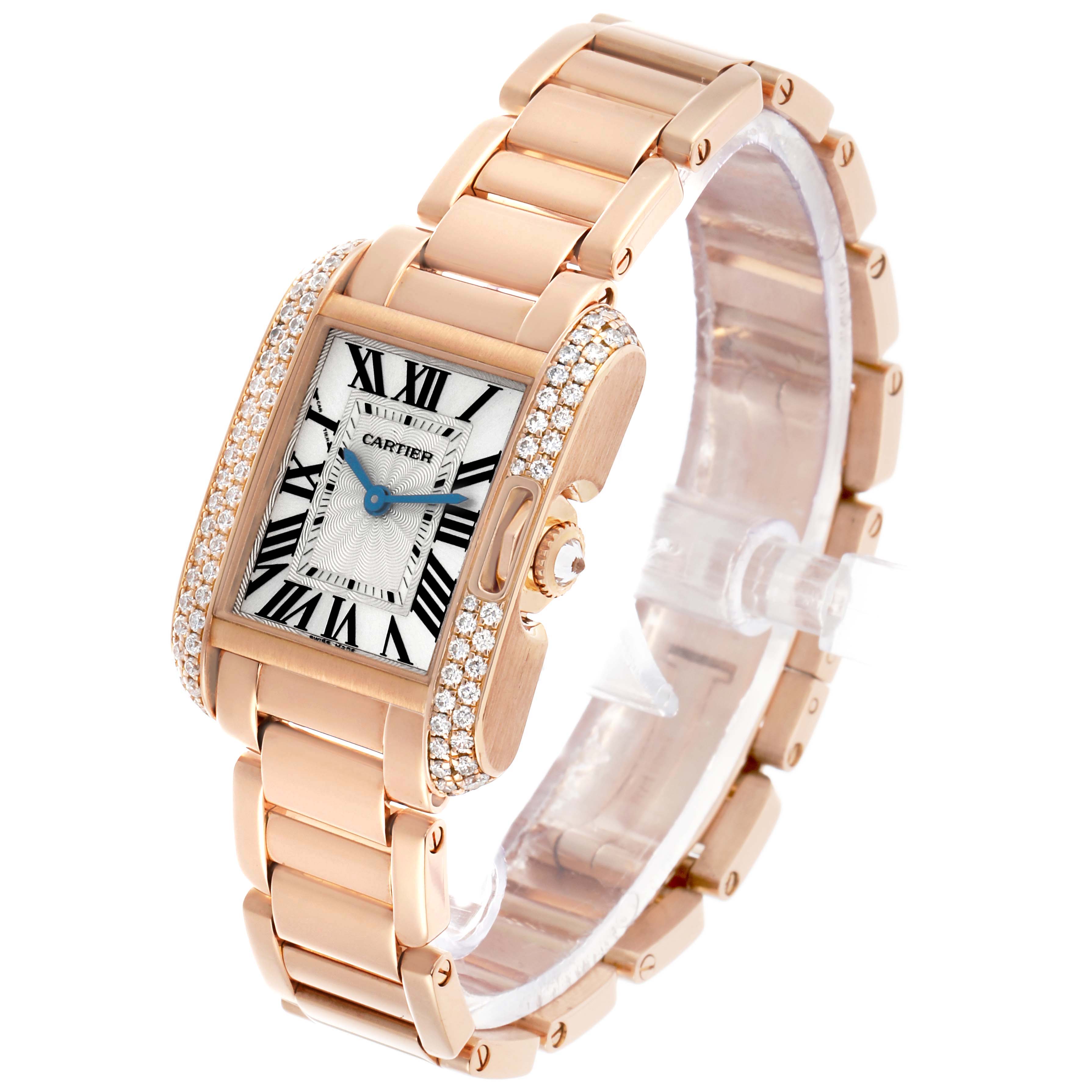 The Cartier Tank Anglaise WT100002 Women's Rose Gold Silver Dial watch is shown at a three-quarter angle, displaying its face, side, and bracelet with diamond accents.