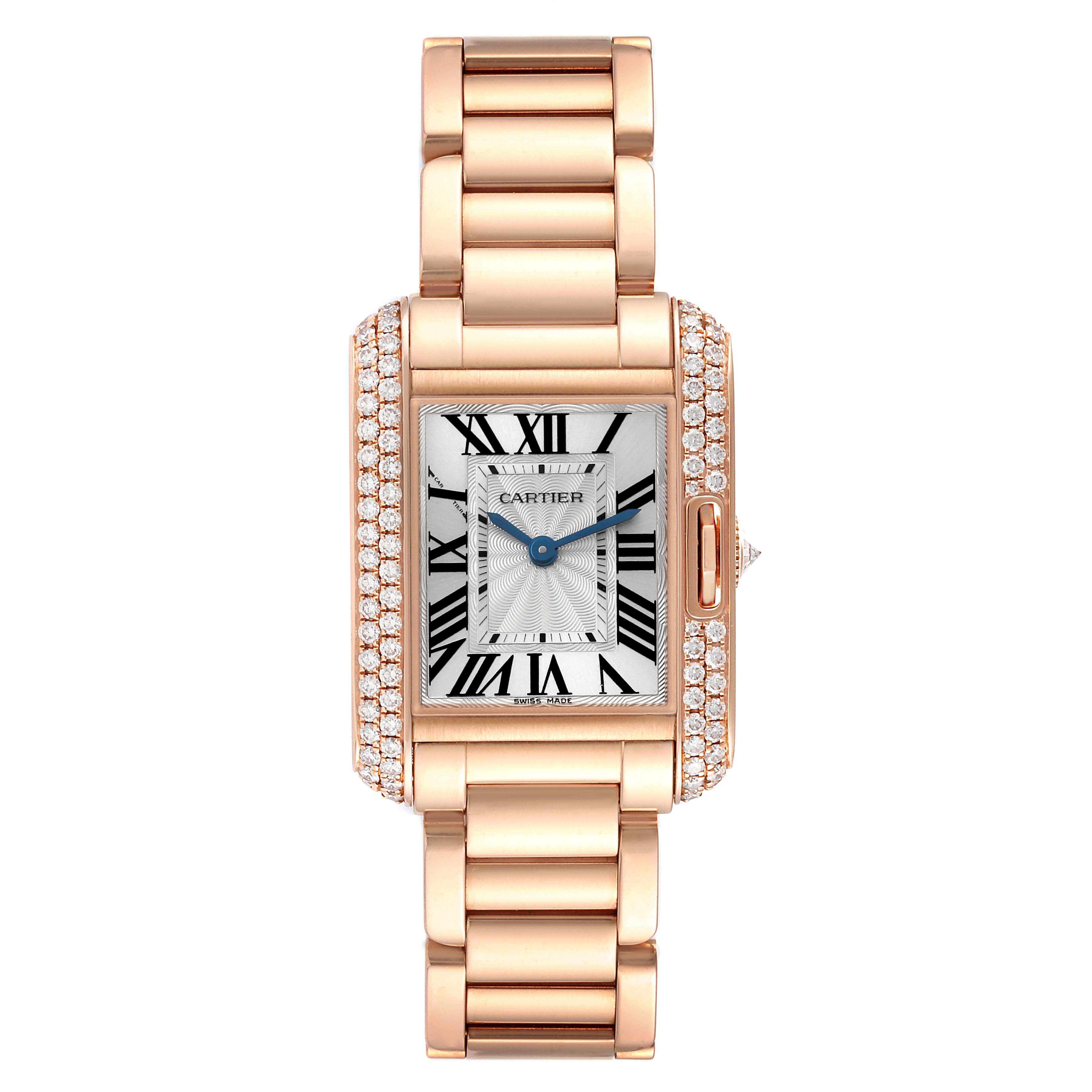 The Cartier Tank Anglaise WT100002 Women's Rose Gold Silver Dial is shown from a top-down angle, highlighting its rectangular face, diamond accents, and metal bracelet.