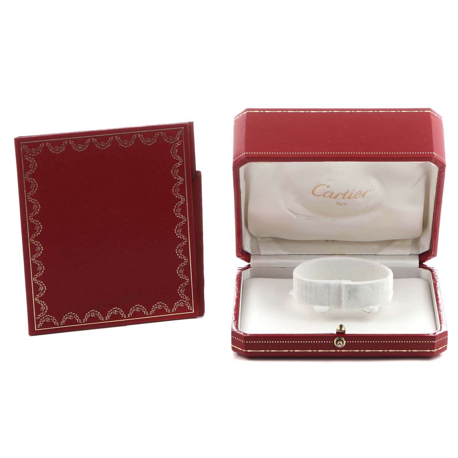 The image shows a Cartier Tank Anglaise WT100002 Women's Rose Gold Silver Dial watch box open with a cushion inside, alongside its closed outer red box.