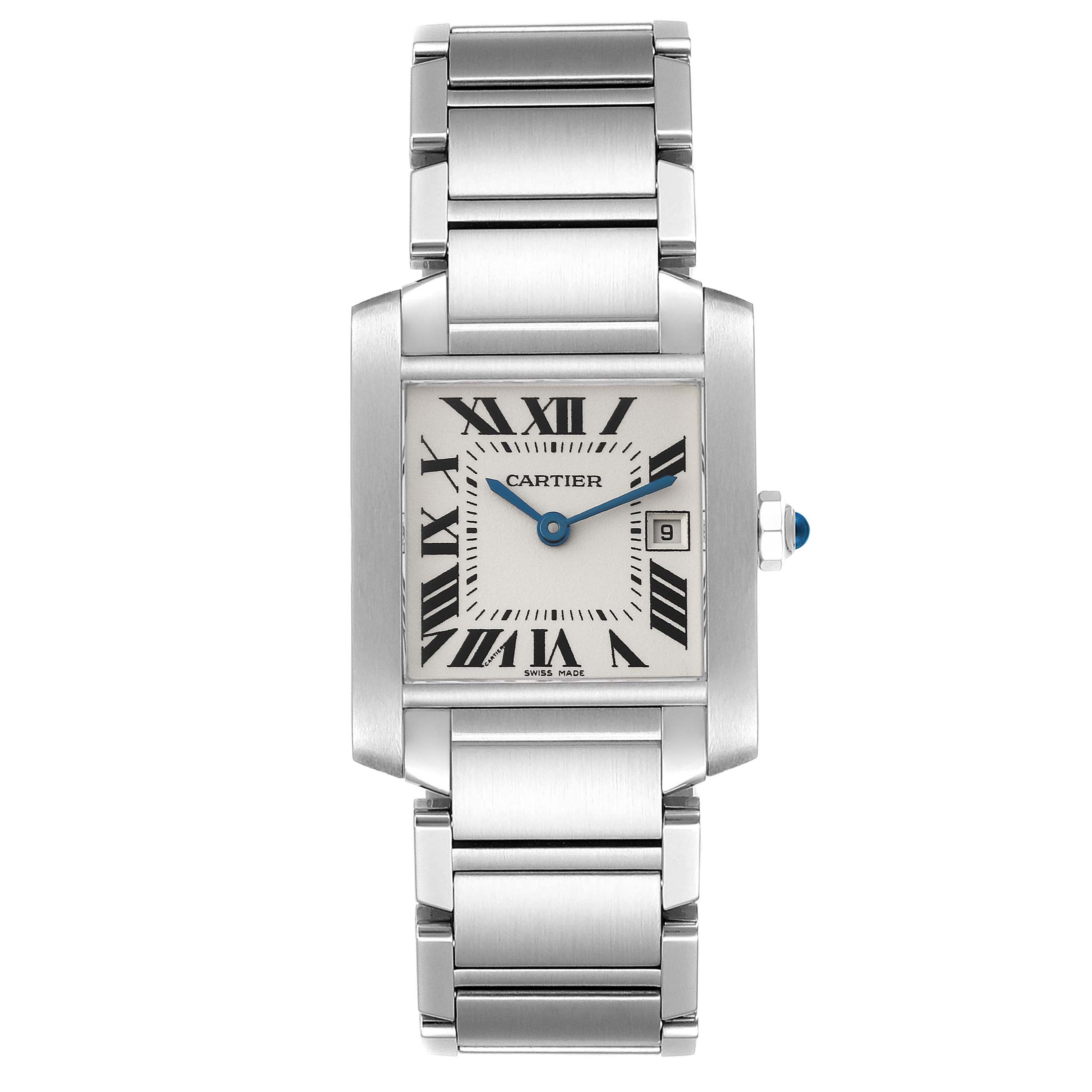The Cartier Tank Francaise W51011Q3 Women
s Stainless Steel Silver Dial W51011Q3 Women
s Stainless Steel Silver Dial watch is shown from a frontal angle, highlighting its face, bezel, and metal bracelet.