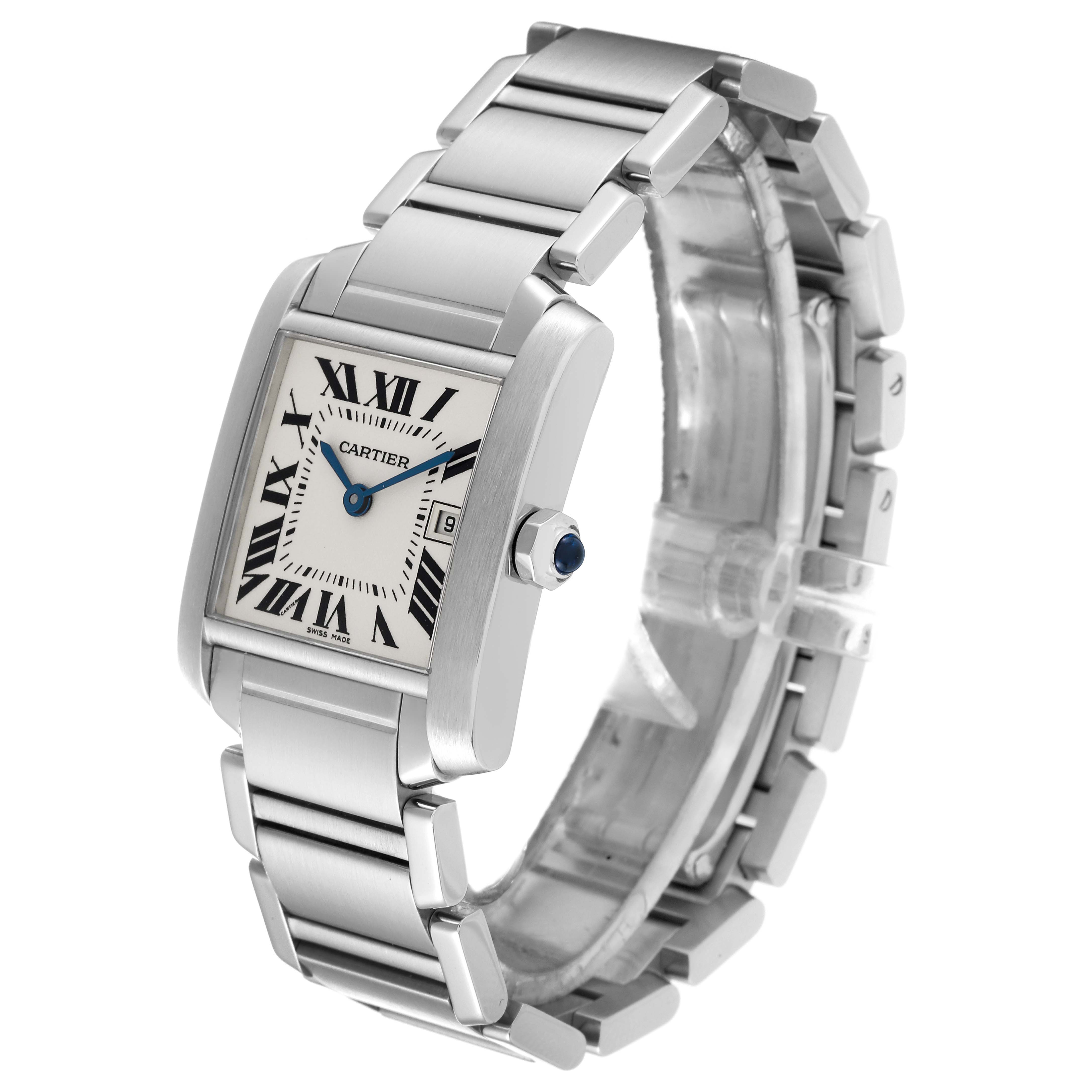 The Cartier Tank Francaise W51011Q3 Women
s Stainless Steel Silver Dial W51011Q3 Women
s Stainless Steel Silver Dial watch is shown at an angle highlighting its face, metal bracelet, and side knob with a sapphire cabochon.