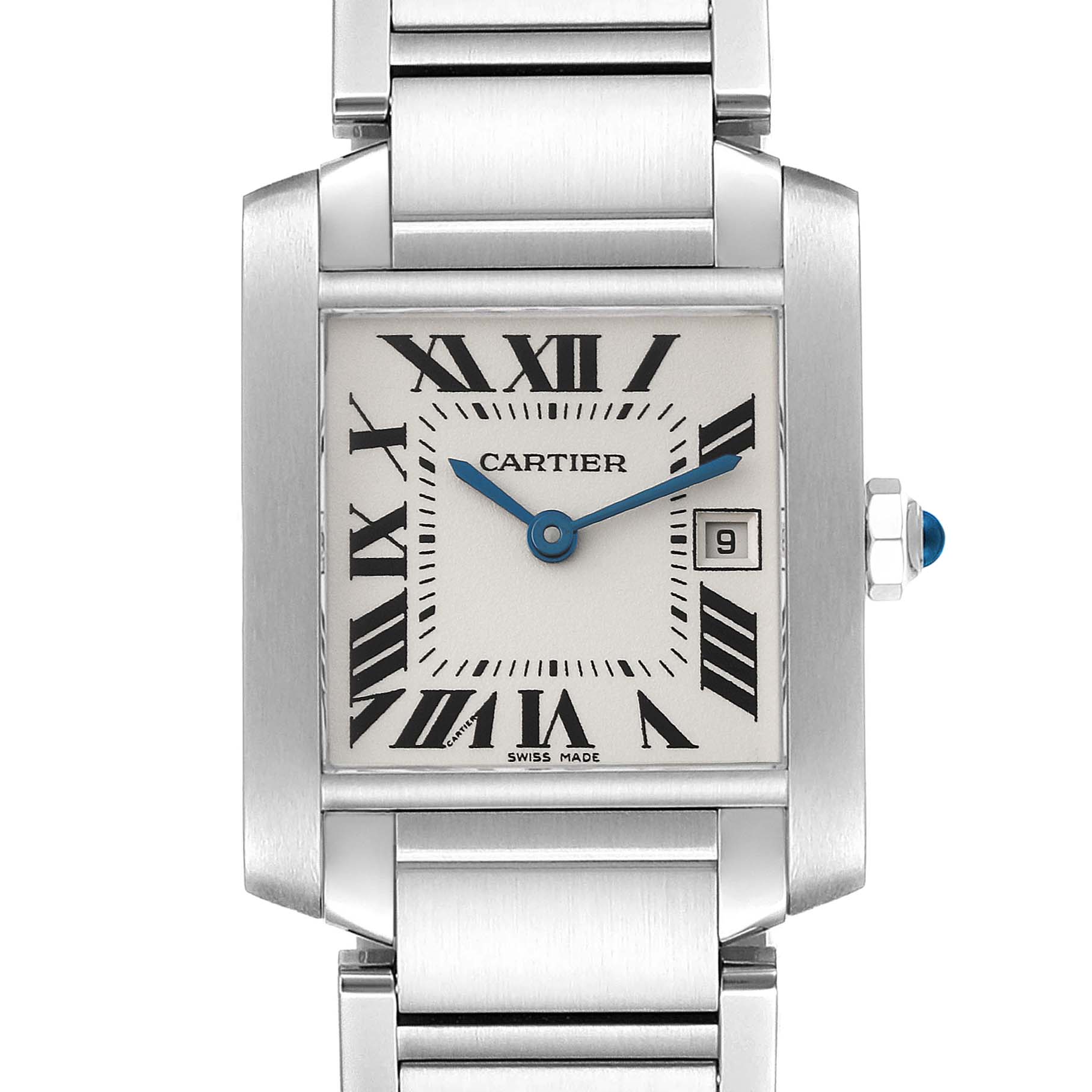 The image shows a frontal view of the Cartier Tank Francaise W51011Q3 Women
s Stainless Steel Silver Dial W51011Q3 Women
s Stainless Steel Silver Dial watch, displaying its face, bracelet, and crown with a blue cabochon.
