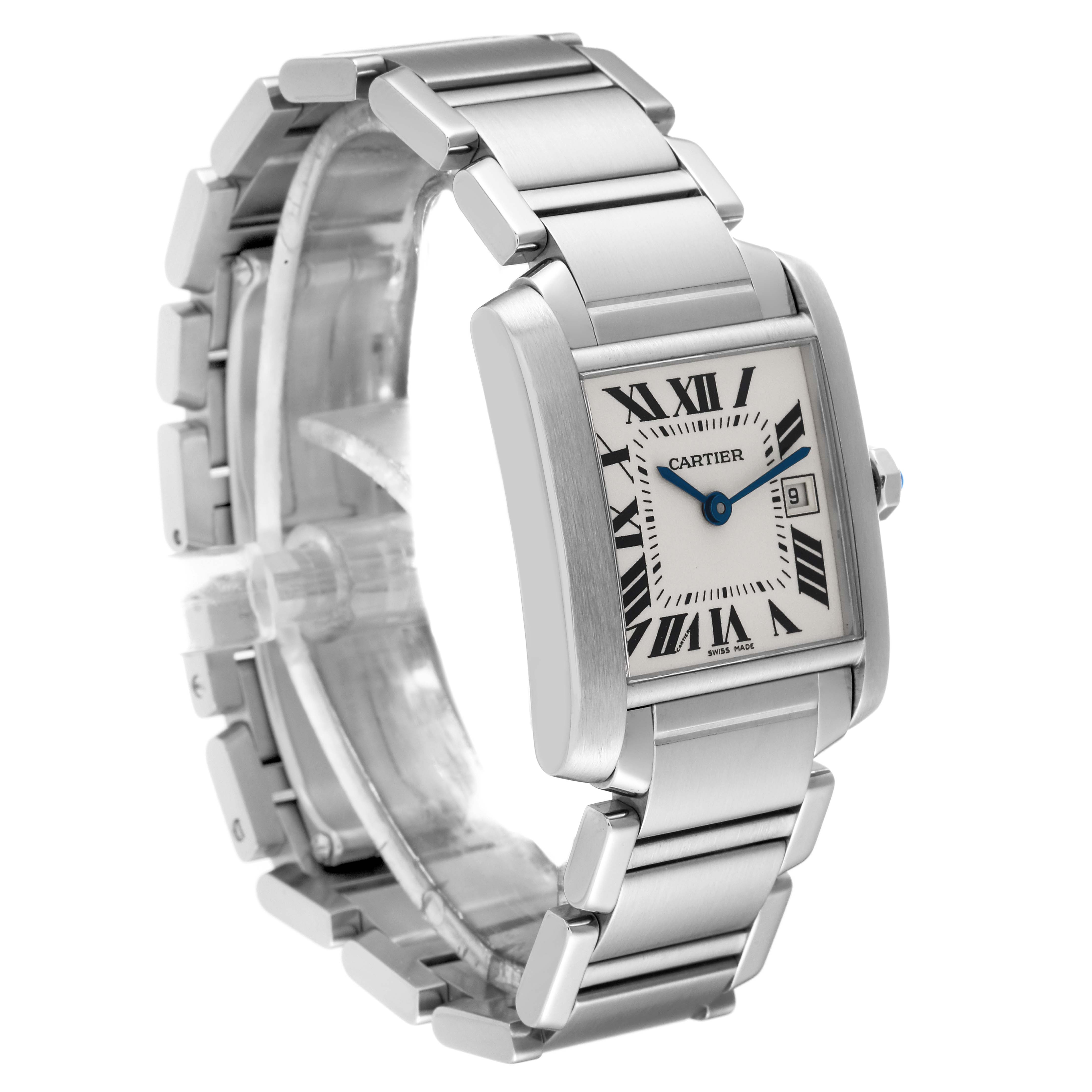 This image shows a Tank Francaise model by Cartier, displaying the face, bracelet, and clasp from a three-quarter view.