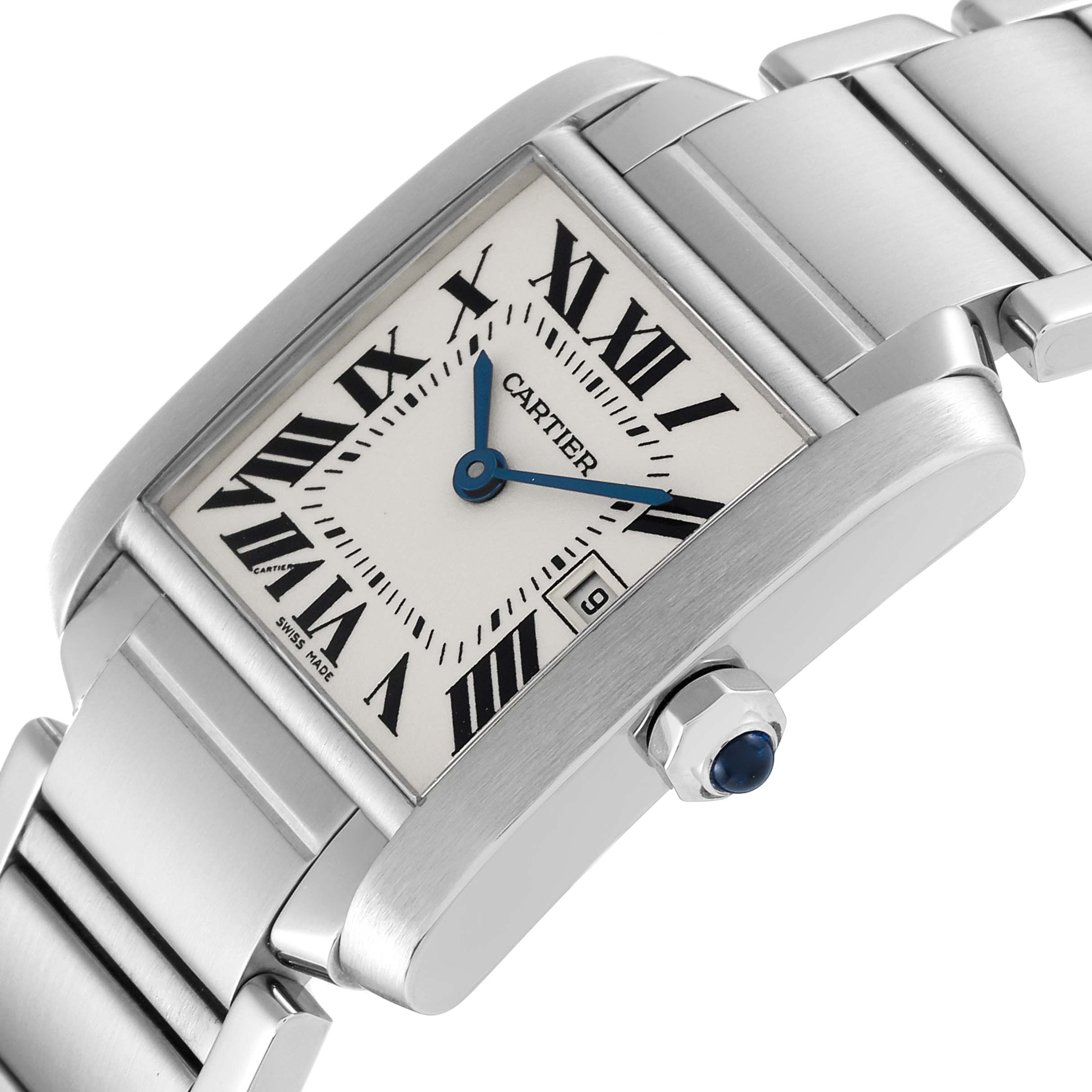 The image shows a close-up angled view of the Cartier Tank Française watch displaying the face, bracelet, and crown.