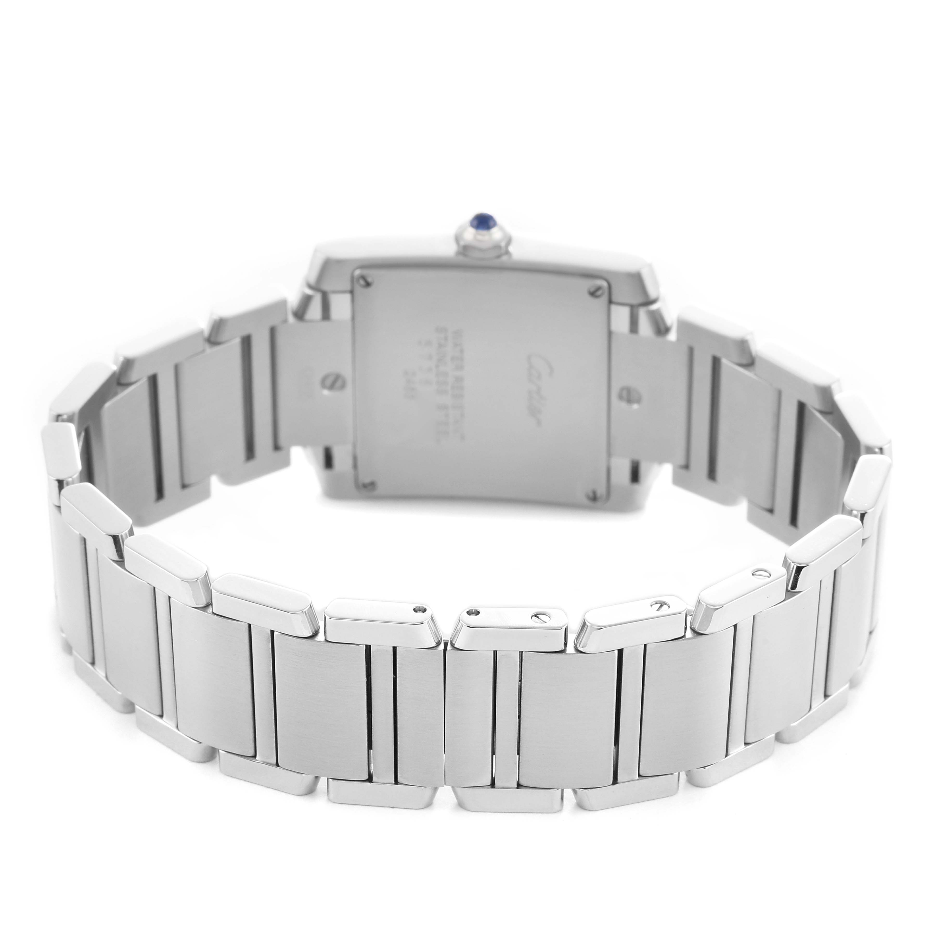 The image shows the back view of a Cartier Tank Française watch, highlighting its metal bracelet and the case back.