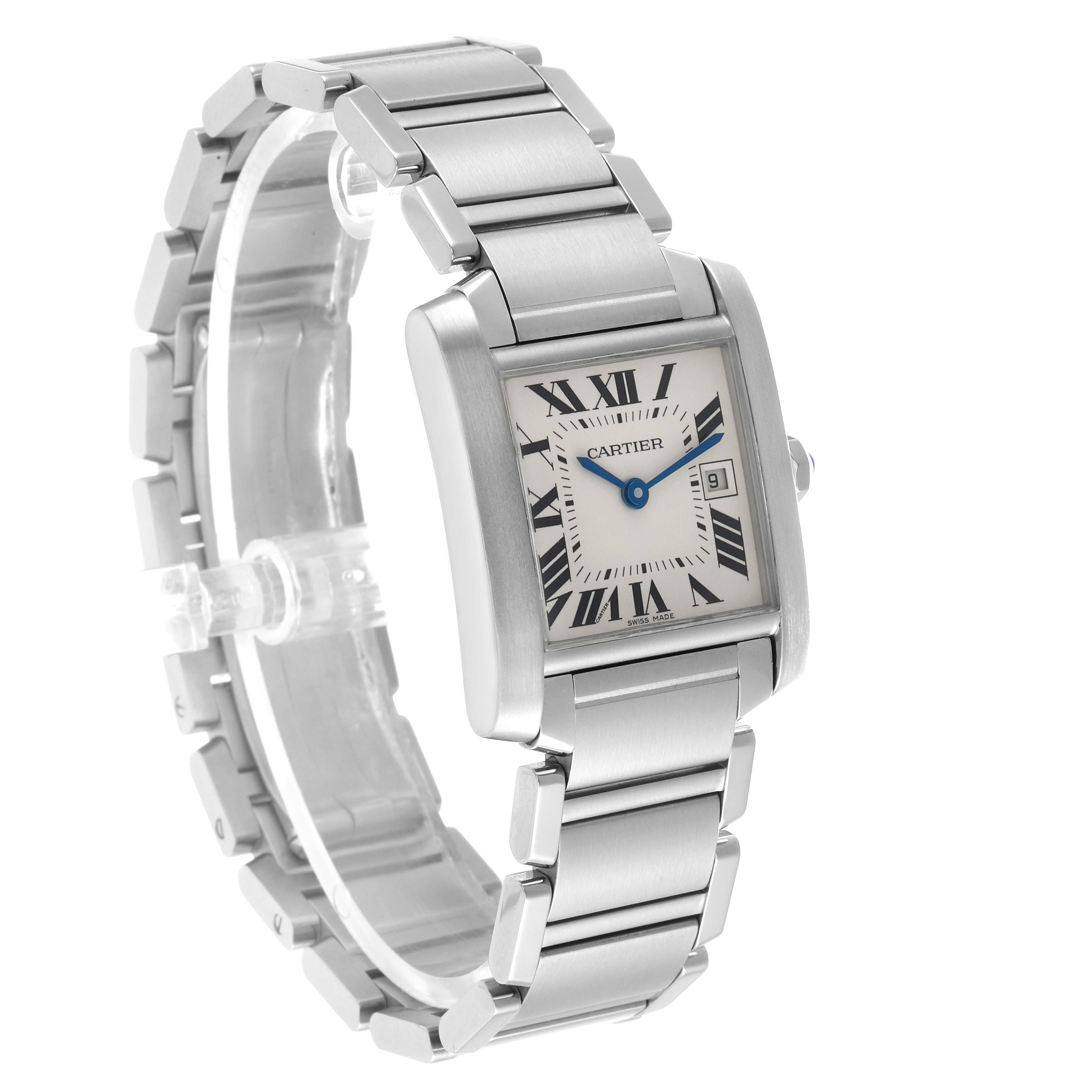 The Cartier Tank Francaise W51011Q3 Women's Stainless Steel Silver Dial watch is shown at a three-quarter angle, highlighting the face, bracelet, and side profile.