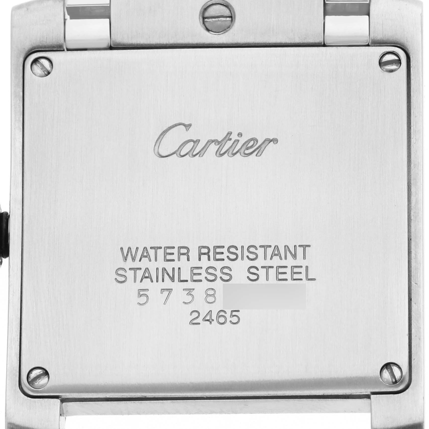 The image shows the back of a Cartier Tank Française watch, highlighting the water resistance and stainless steel markings.