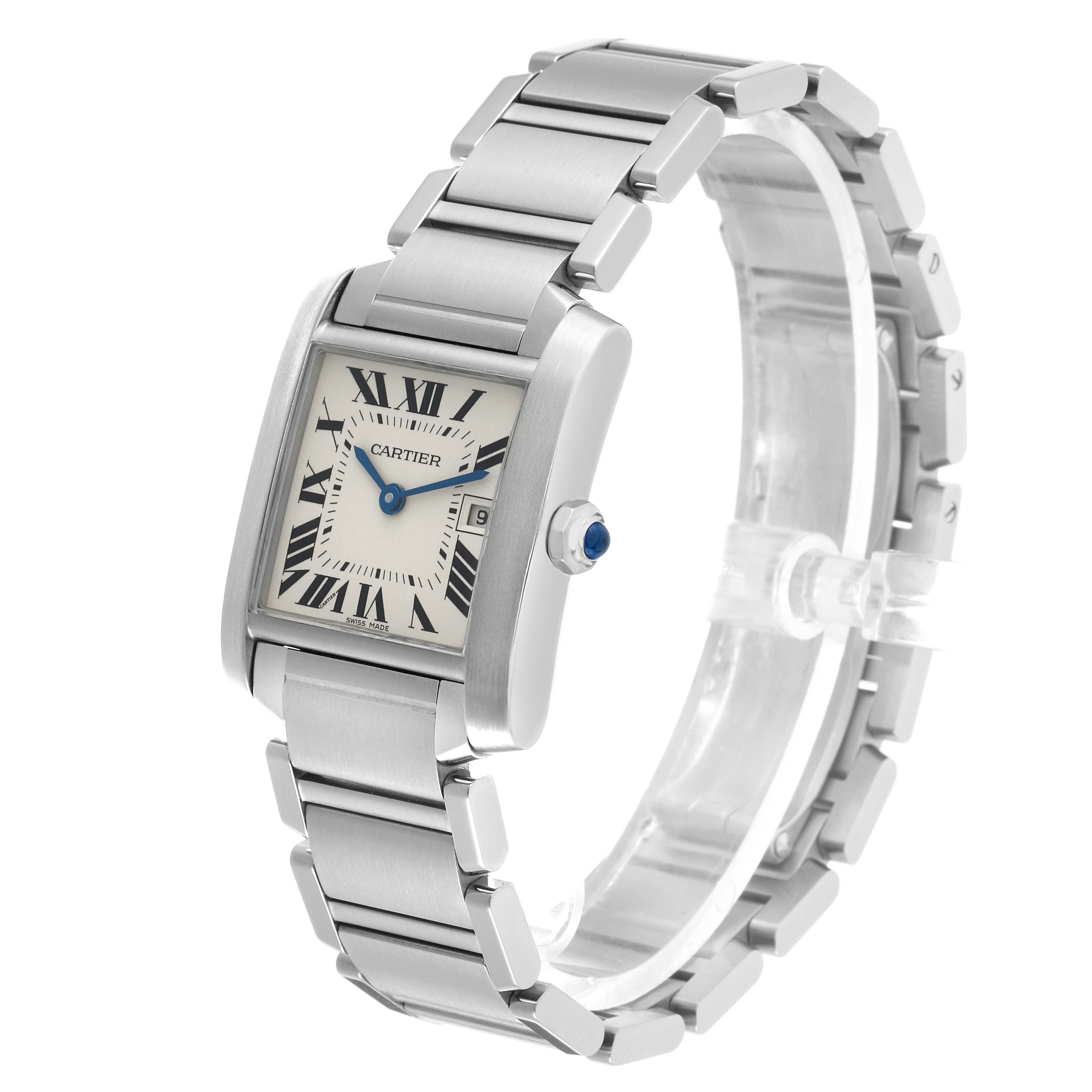 The Cartier Tank Française watch is shown at an angled view, highlighting its rectangular face, Roman numerals, and metallic bracelet.