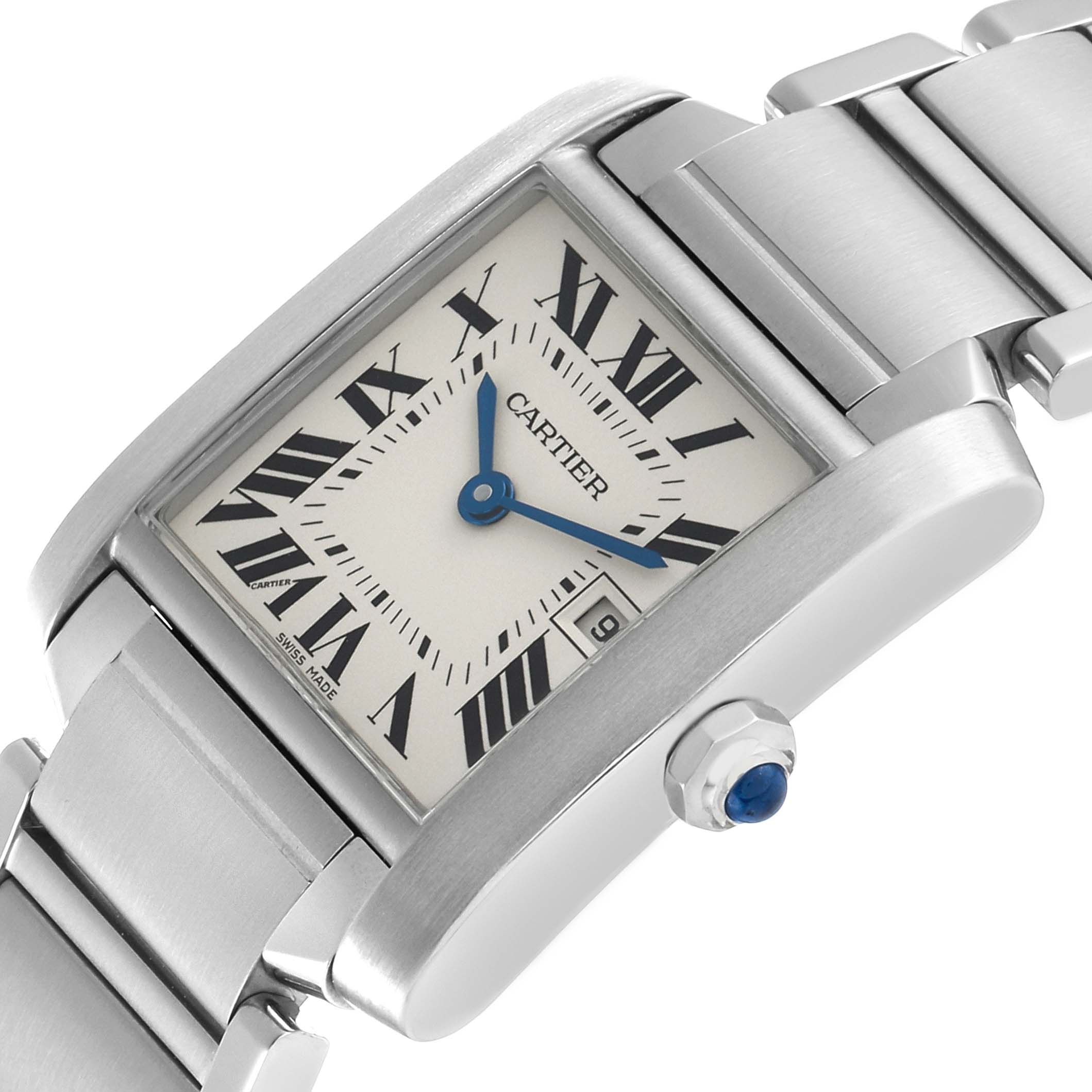 The Cartier Tank Francaise W51011Q3 Women's Stainless Steel Silver Dial watch is shown at an angle revealing the face, blue hands, Roman numerals, crown, and part of the bracelet.