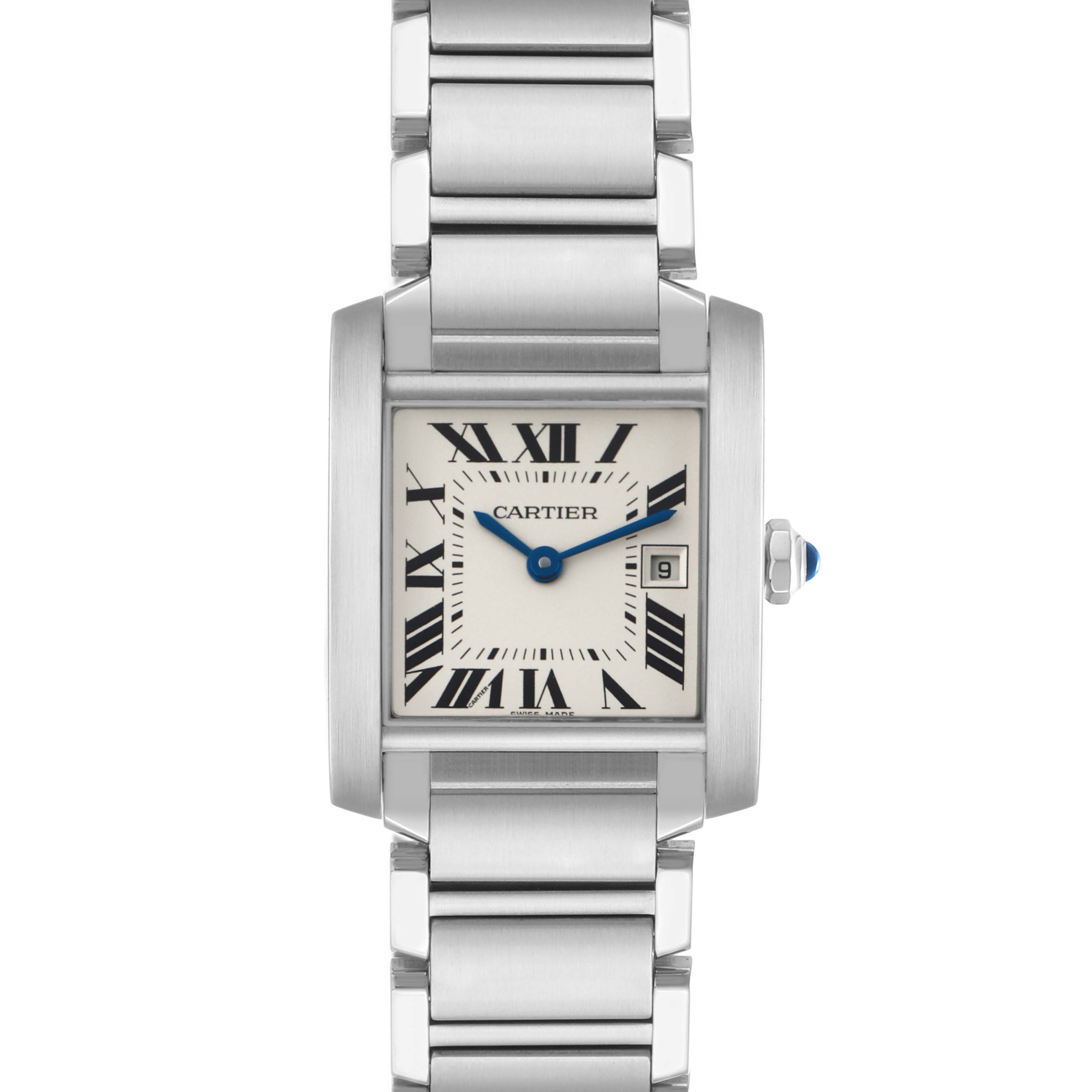 The Cartier Tank Française is shown from the front, highlighting its rectangular case, Roman numerals, and metal bracelet.